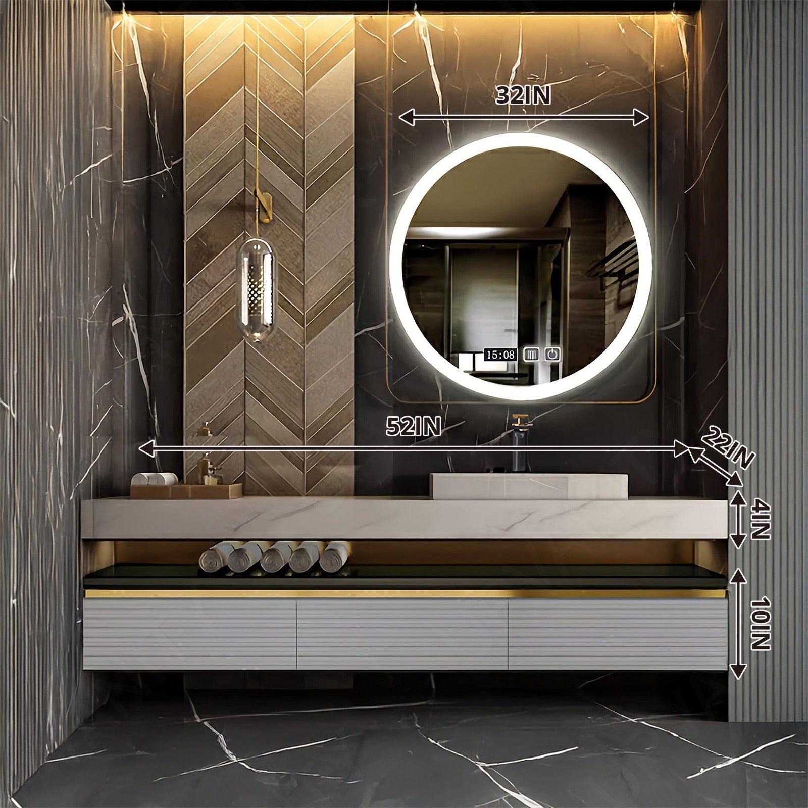 Modern Bath Vanity Set, White, Striped Panel, Open Storage, 40"- 64", Single Vessel Sink, Floating, Smart LED Mirror