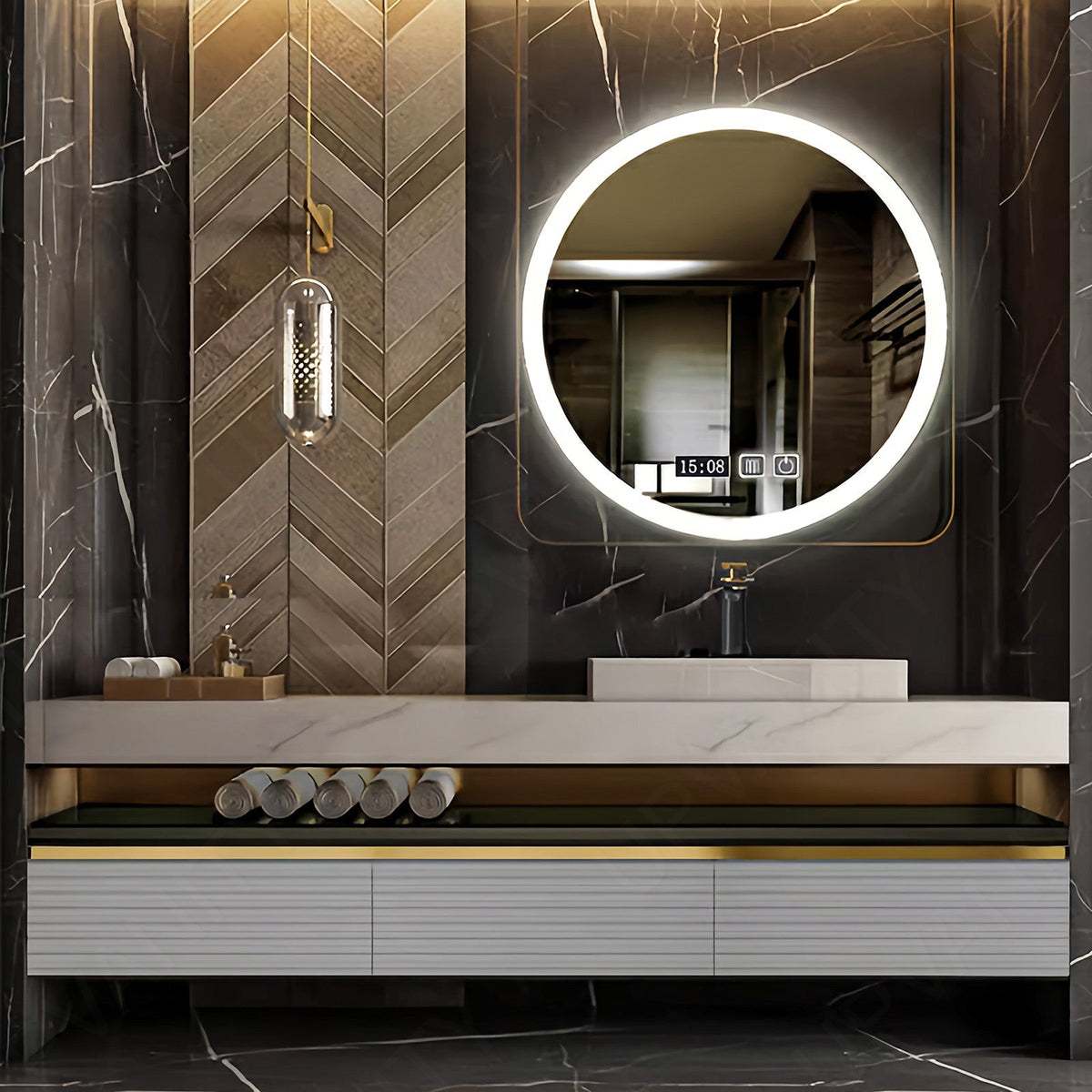Modern Bath Vanity Set, White, Striped Panel, Open Storage, 40"- 64", Single Vessel Sink, Floating, Smart LED Mirror