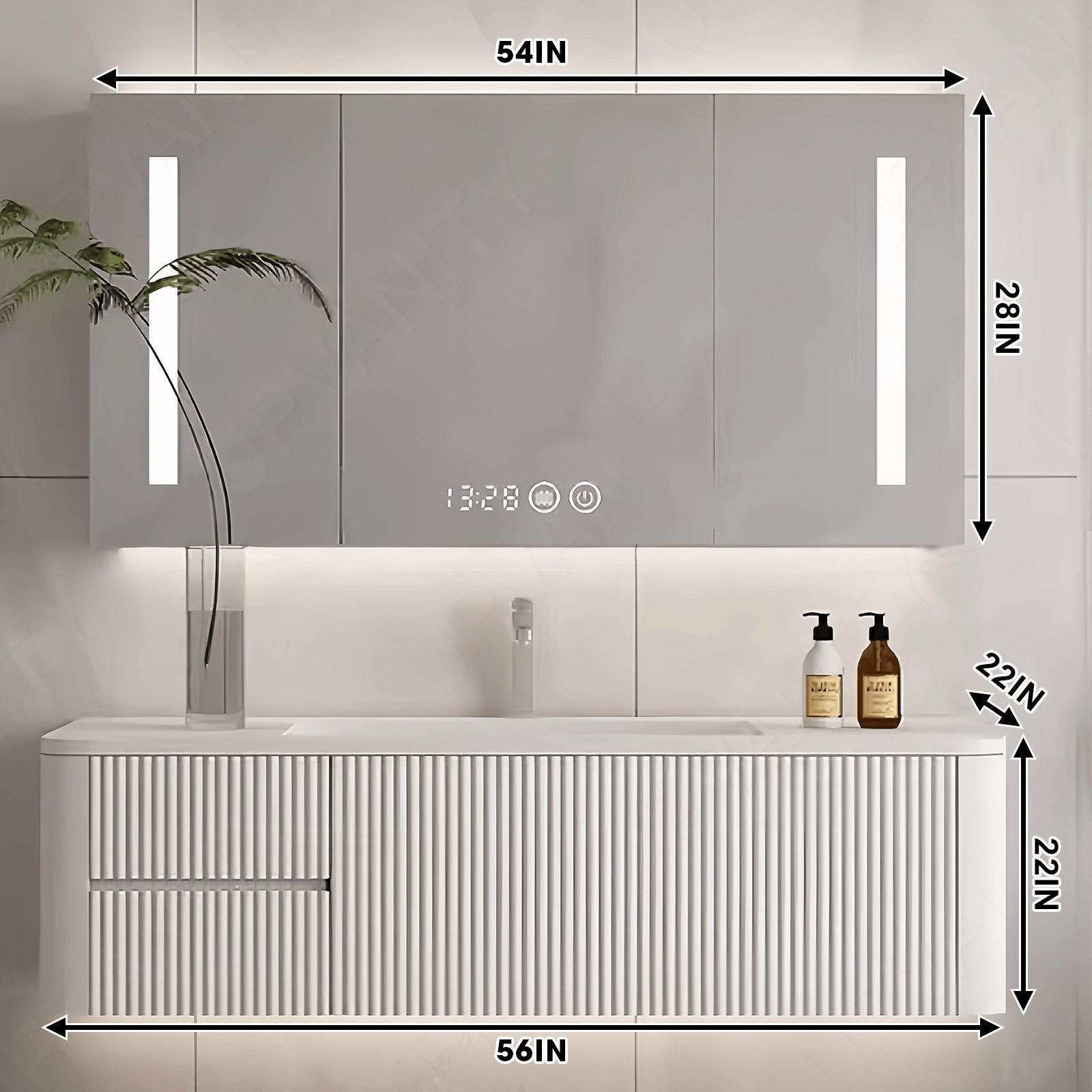Modern Bath Vanity Set, White, Striped Panel, Rounded Edge, 40"- 72", Single, Floating, Smart LED Mirror, Rear Cabinet