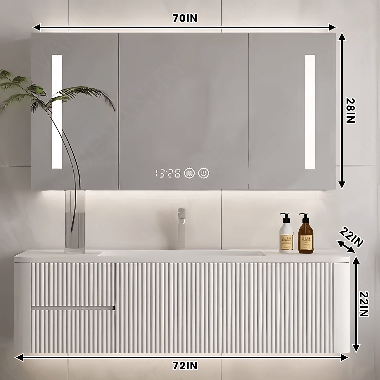 Modern Bath Vanity Set, White, Striped Panel, Rounded Edge, 40"- 72", Single, Floating, Smart LED Mirror, Rear Cabinet