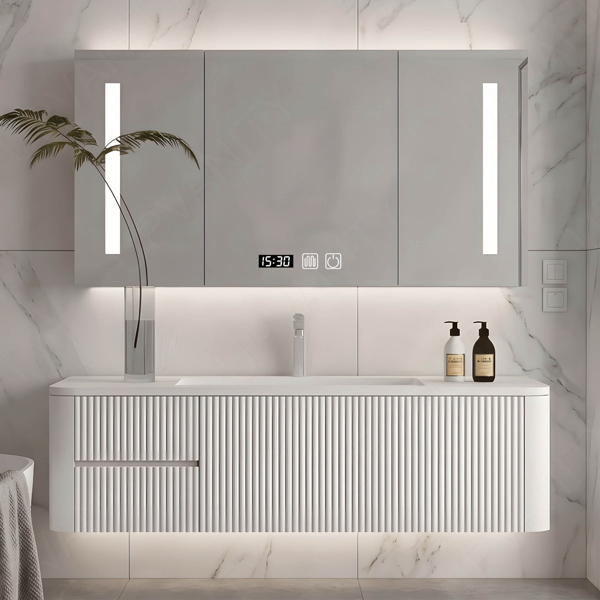 Modern Bath Vanity Set, White, Striped Panel, Rounded Edge, 40"- 72", Single, Floating, Smart LED Mirror, Rear Cabinet