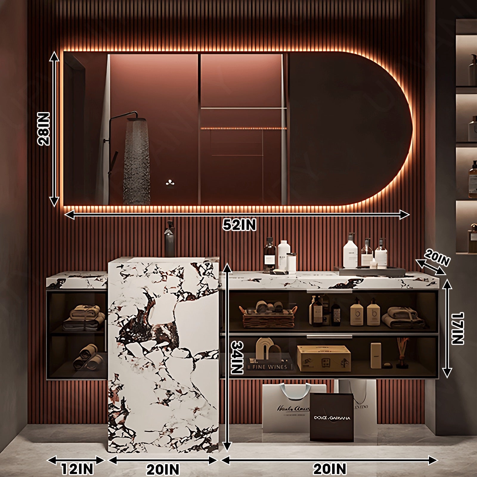 Modern Bath Vanity Set, White, Textured Column, 32"- 72", Single, Freestanding, Glass Door, Irregular Smart LED Mirror