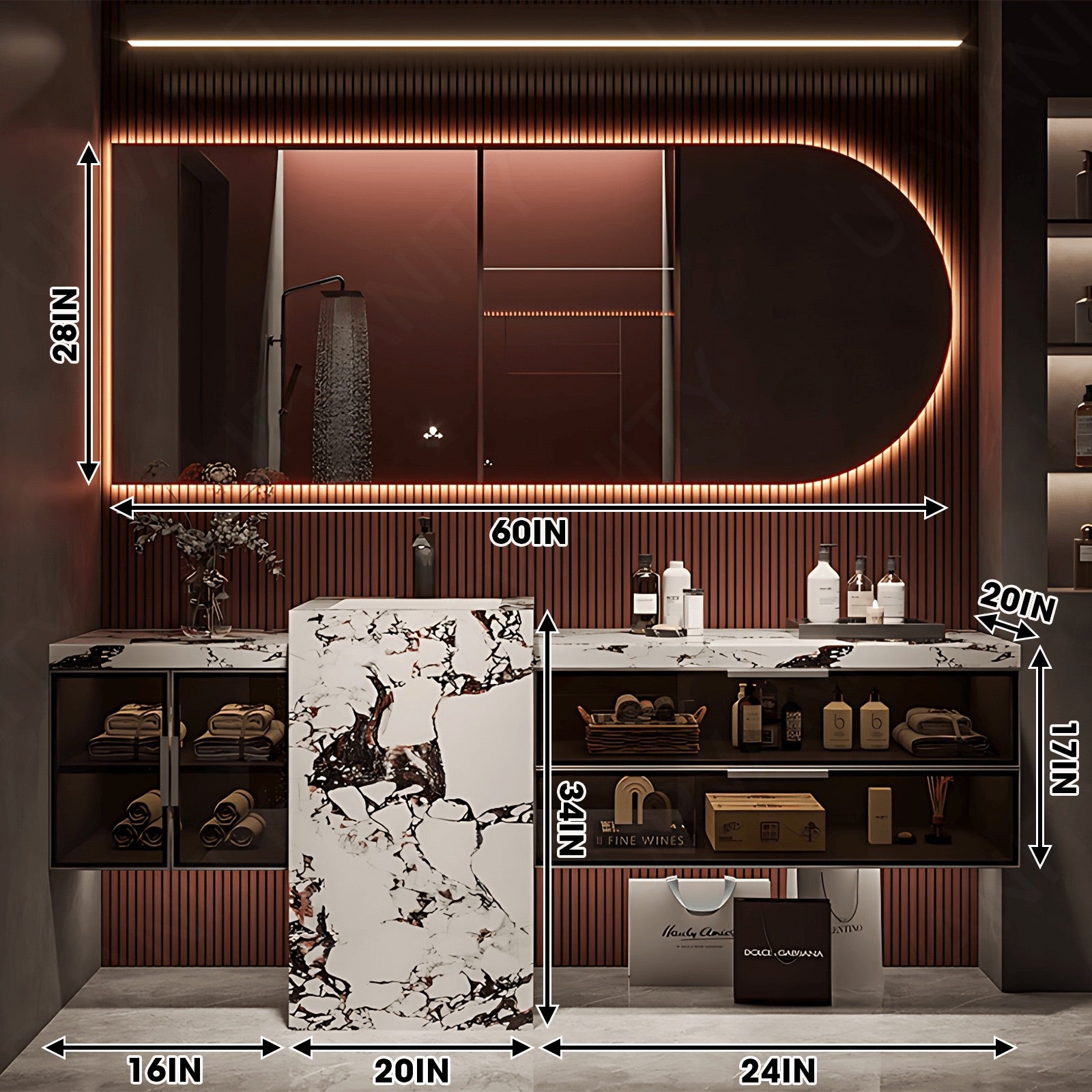 Modern Bath Vanity Set, White, Textured Column, 32"- 72", Single, Freestanding, Glass Door, Irregular Smart LED Mirror