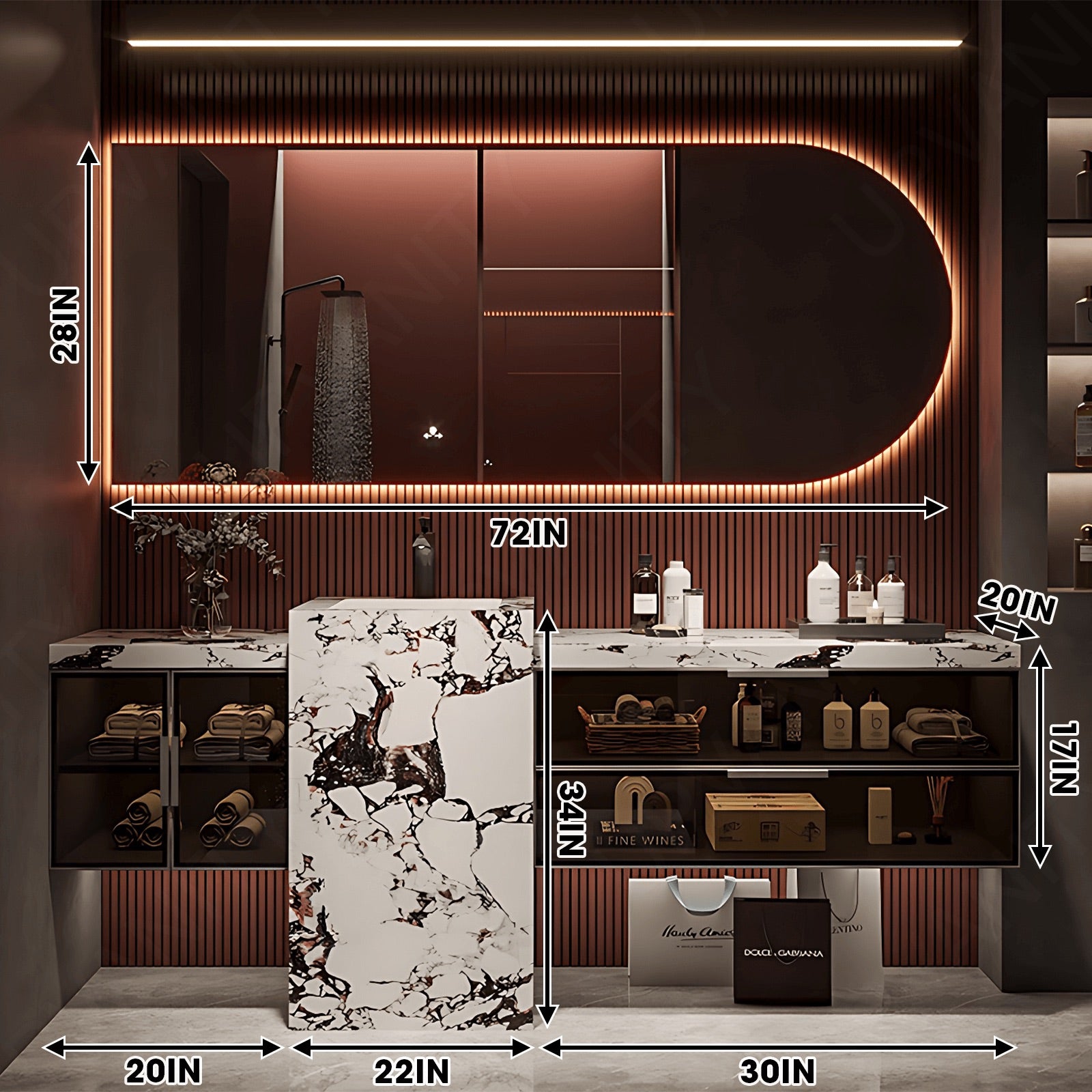 Modern Bath Vanity Set, White, Textured Column, 32"- 72", Single, Freestanding, Glass Door, Irregular Smart LED Mirror