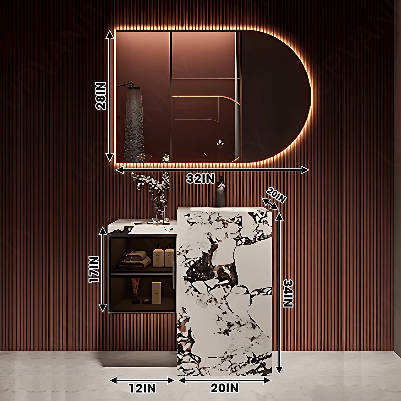 Modern Bath Vanity Set, White, Textured Column, 32"- 72", Single, Freestanding, Glass Door, Irregular Smart LED Mirror