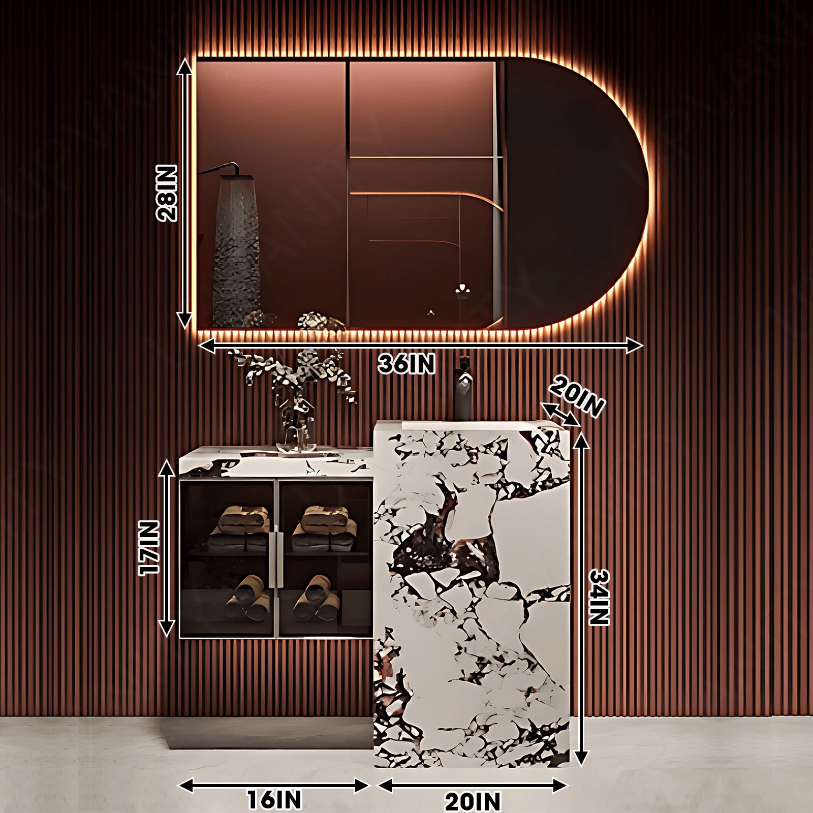 Modern Bath Vanity Set, White, Textured Column, 32"- 72", Single, Freestanding, Glass Door, Irregular Smart LED Mirror