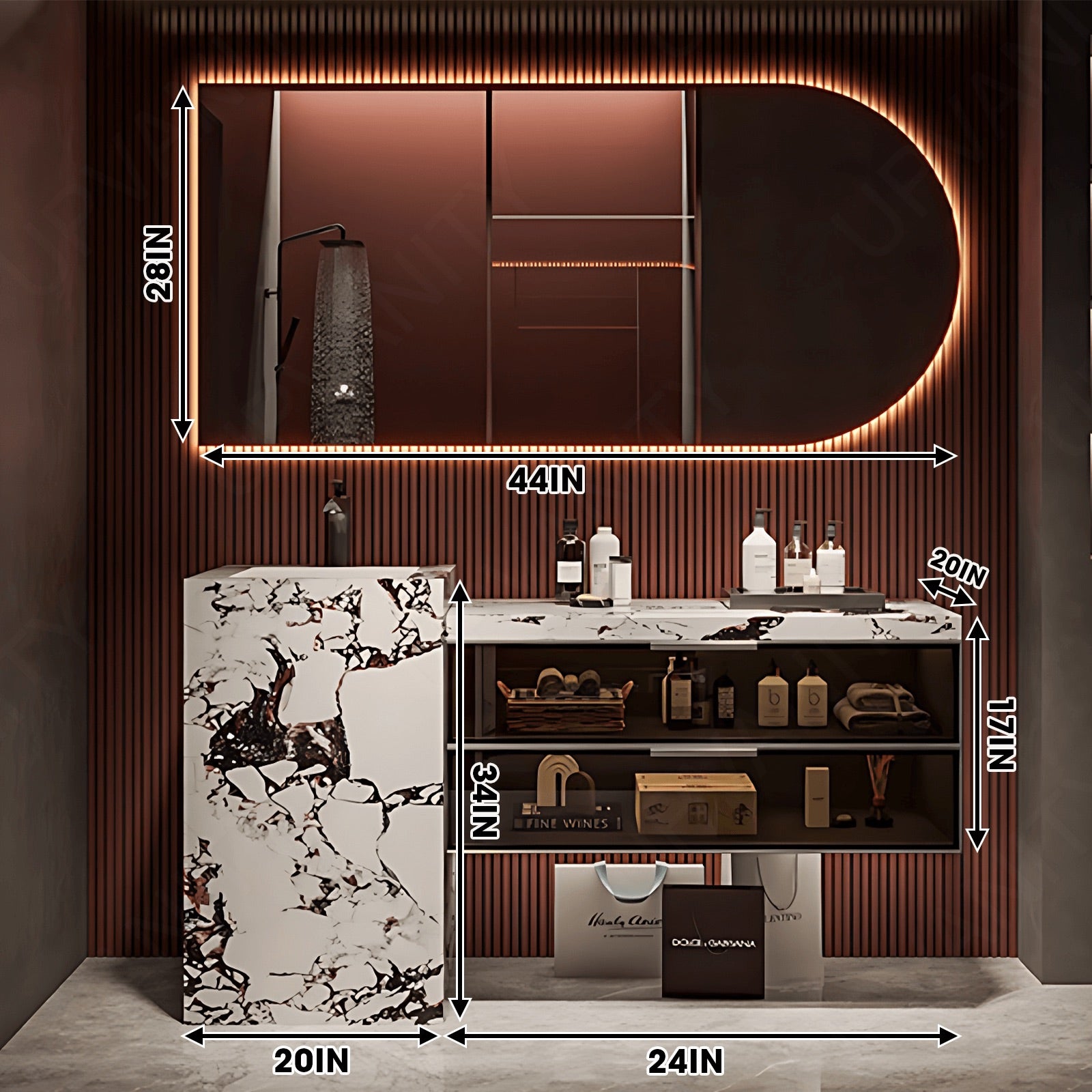 Modern Bath Vanity Set, White, Textured Column, 32"- 72", Single, Freestanding, Glass Door, Irregular Smart LED Mirror