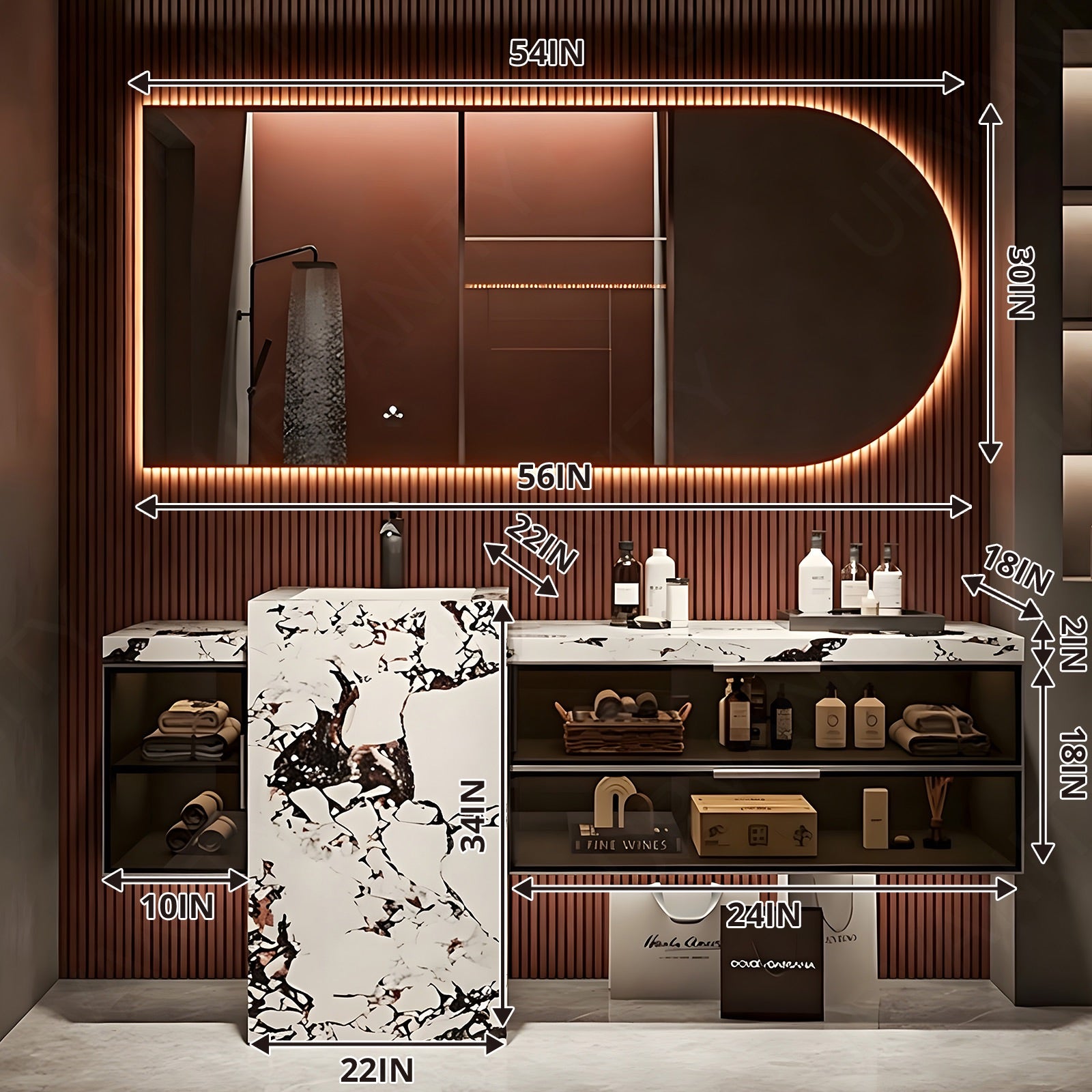 Modern Bath Vanity Set, White, Textured Column, 40"- 76", Single, Freestanding, Glass Door, Irregular Smart LED Mirror