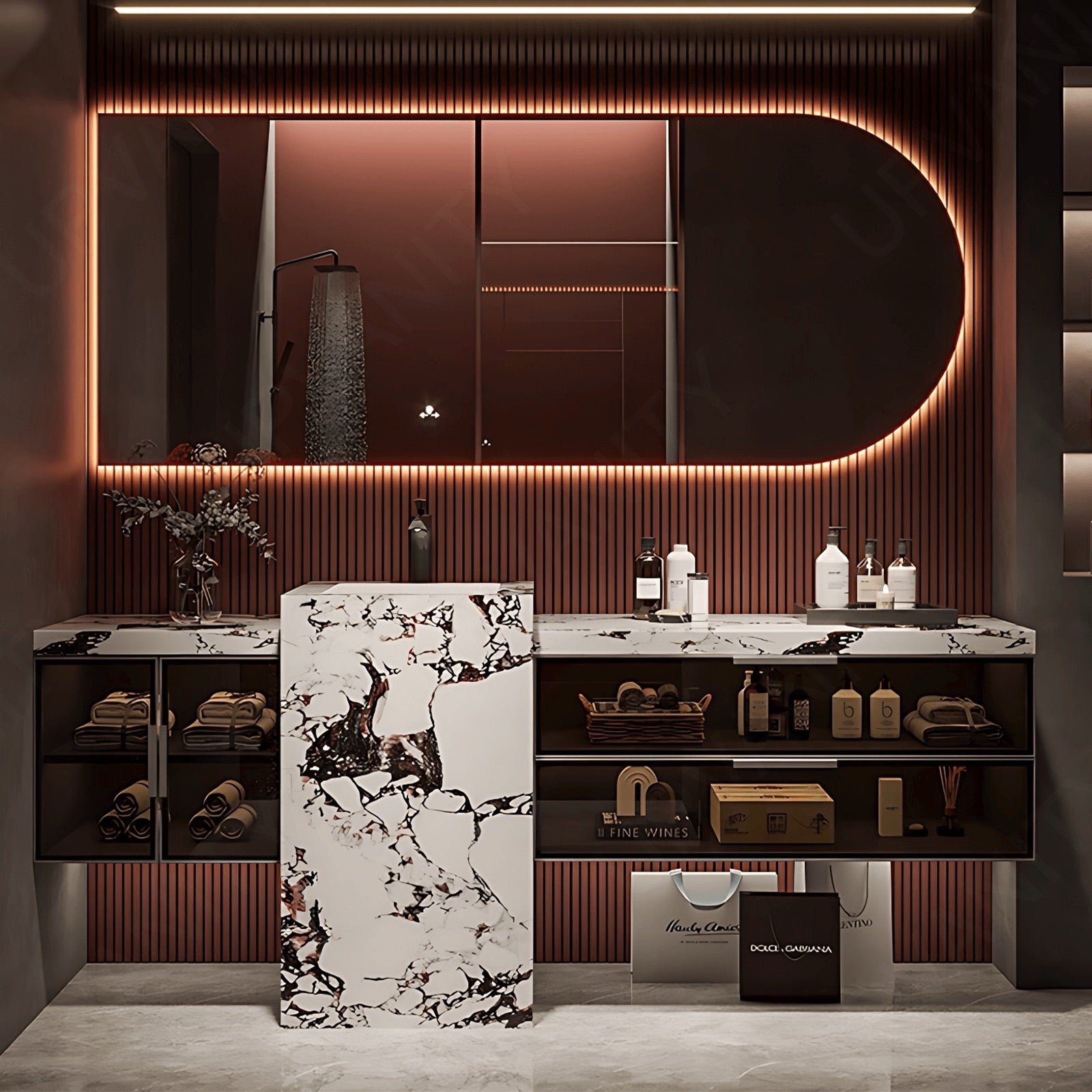 Modern Bath Vanity Set, White, Textured Column, 40"- 76", Single, Freestanding, Glass Door, Irregular Smart LED Mirror