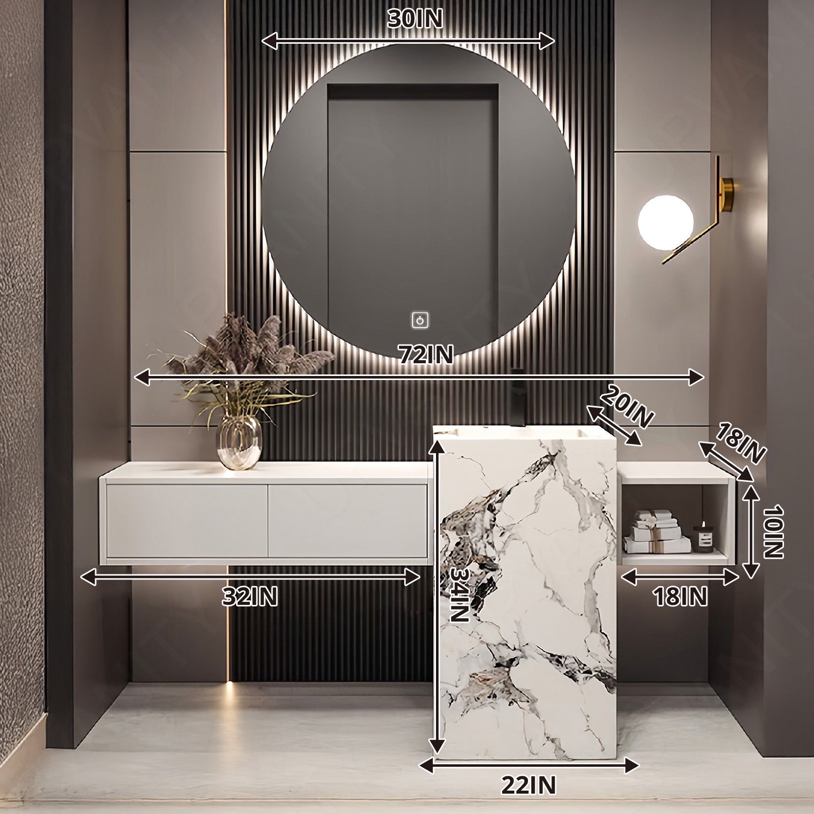 Modern Bath Vanity Set, White, Textured Column, 64"- 76", Single, Freestanding, Round Smart LED Mirror