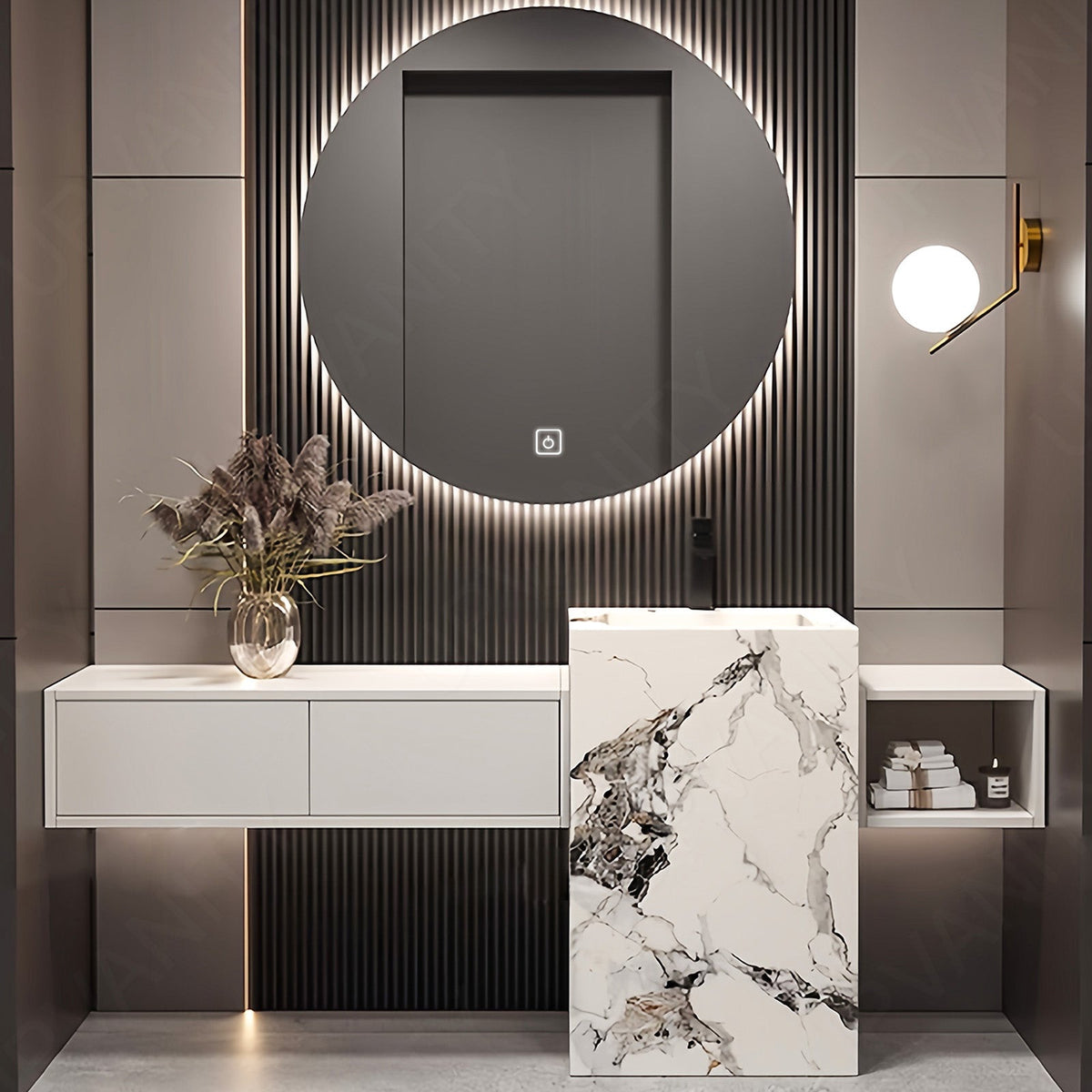 Modern Bath Vanity Set, White, Textured Column, 64"- 76", Single, Freestanding, Round Smart LED Mirror