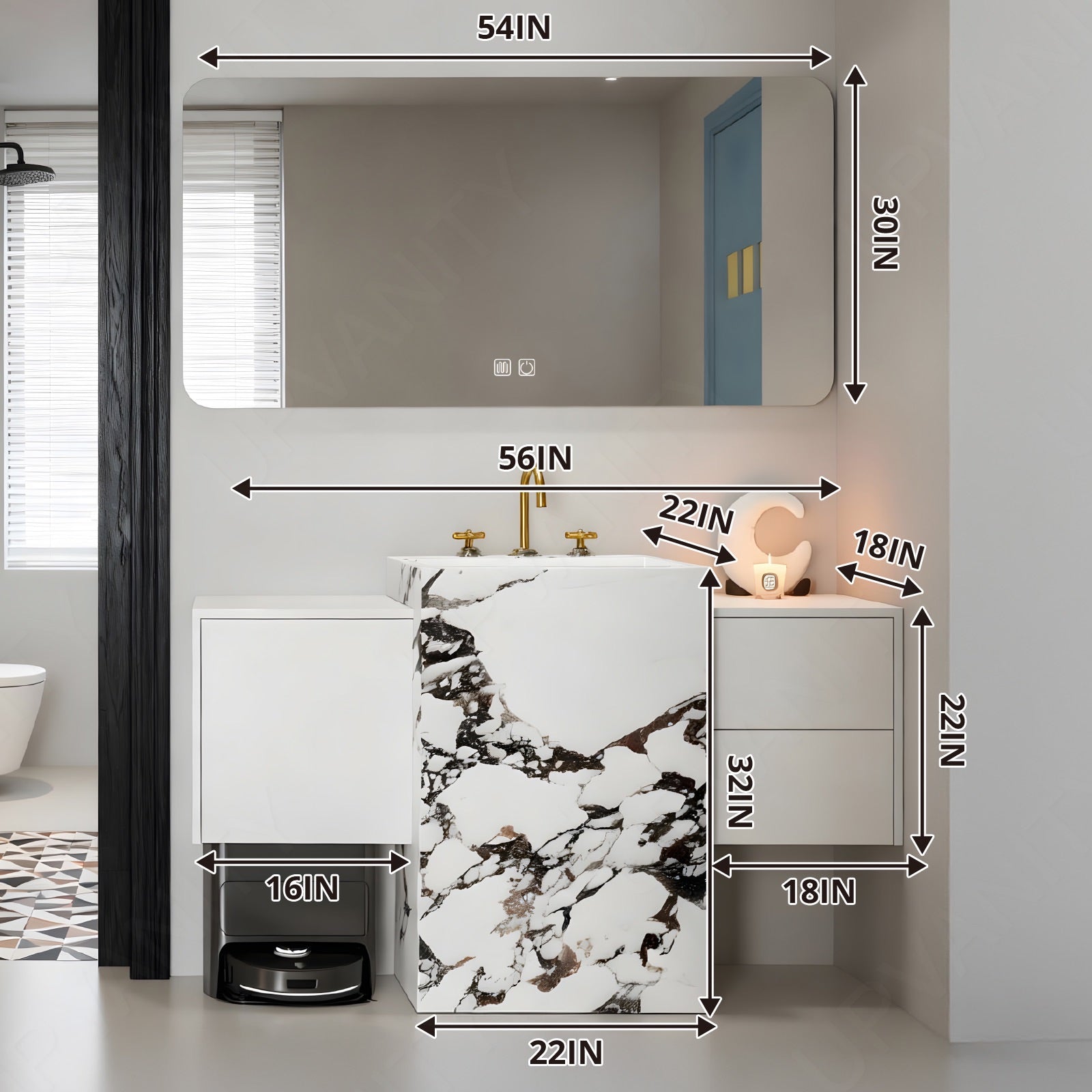 Modern Bath Vanity Set, White, Textured Column, 64"- 76", Single, Freestanding, Smart LED Mirror