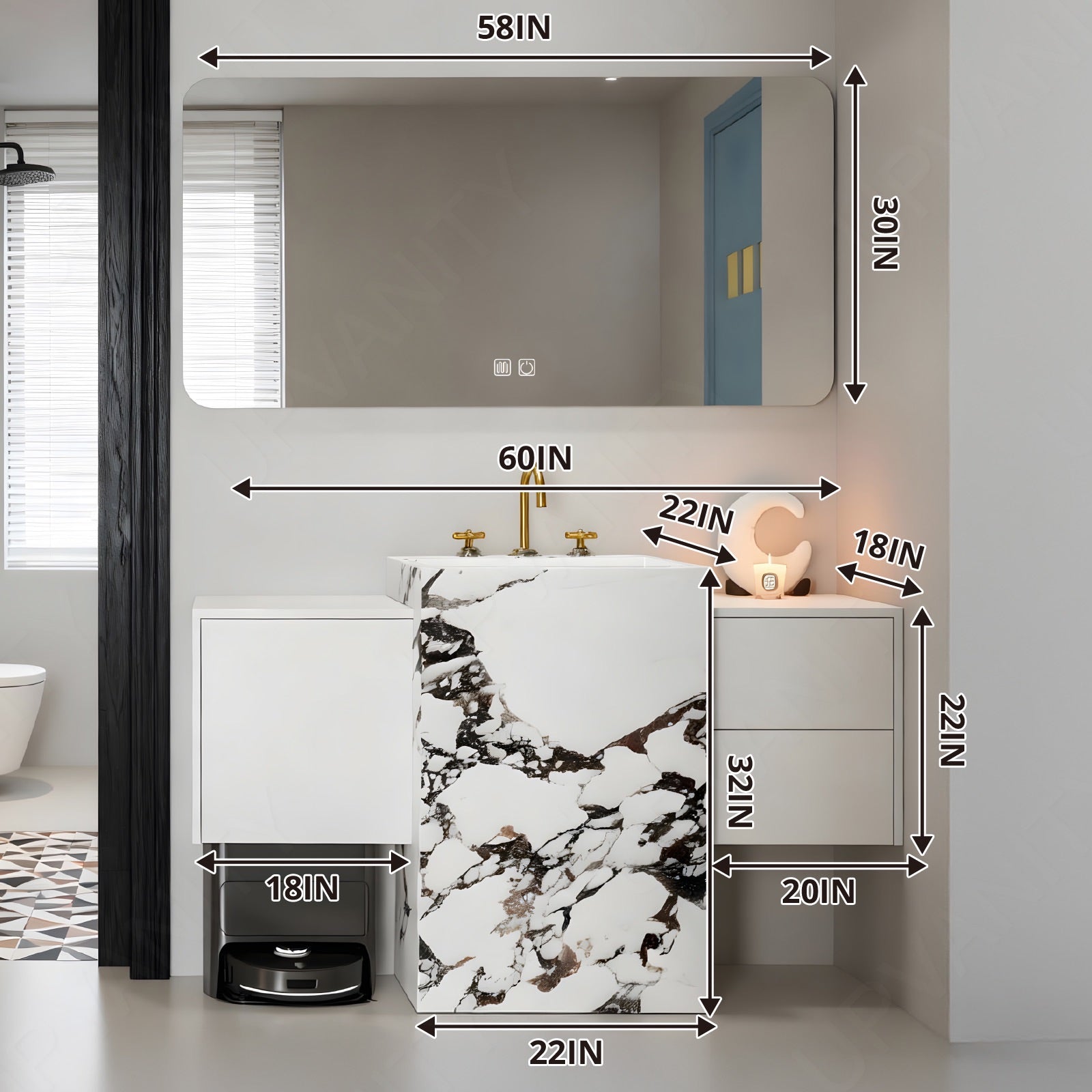 Modern Bath Vanity Set, White, Textured Column, 64"- 76", Single, Freestanding, Smart LED Mirror