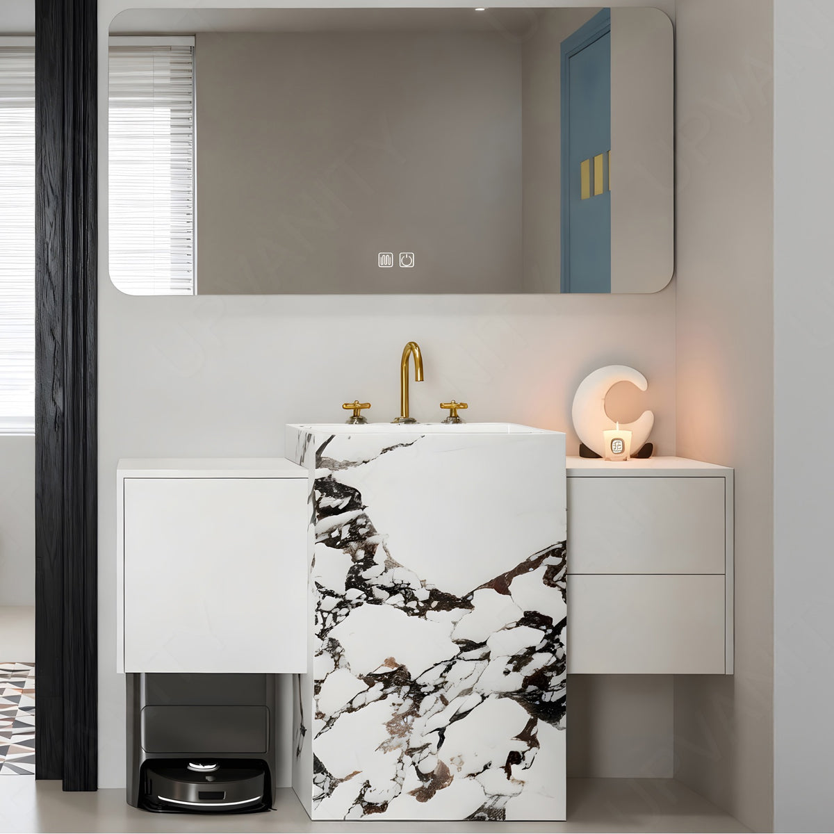 Modern Bath Vanity Set, White, Textured Column, 64"- 76", Single, Freestanding, Smart LED Mirror