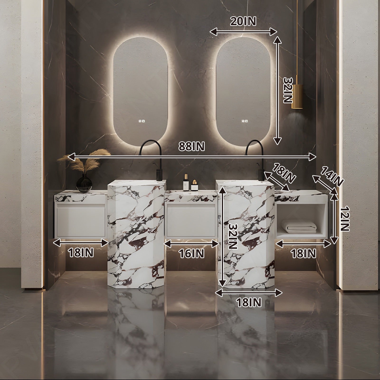 Modern Bath Vanity Set, White, Textured Column, 72"- 100", Double, Freestanding, Dual Oval Smart LED Mirror