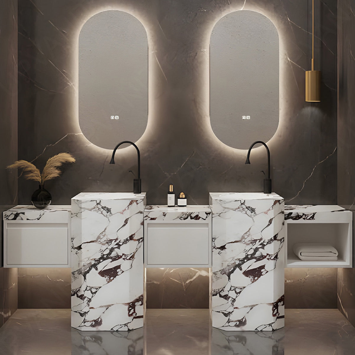 Modern Bath Vanity Set, White, Textured Column, 72"- 100", Double, Freestanding, Dual Oval Smart LED Mirror