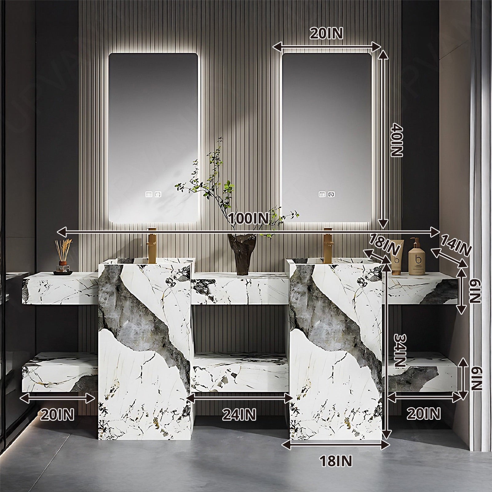 Modern Bath Vanity Set, White, Textured Column, Open Storage, 72"- 100", Double, Freestanding, Smart LED Mirror