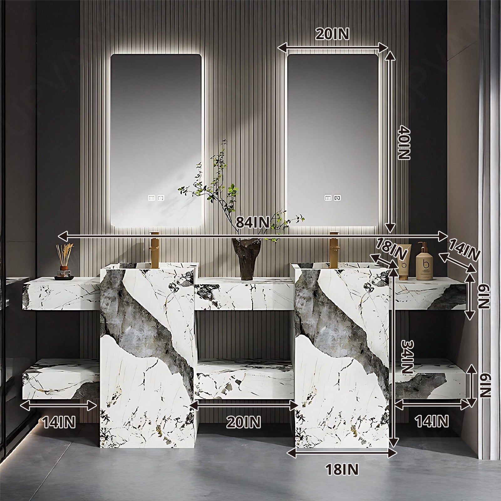 Modern Bath Vanity Set, White, Textured Column, Open Storage, 72"- 100", Double, Freestanding, Smart LED Mirror