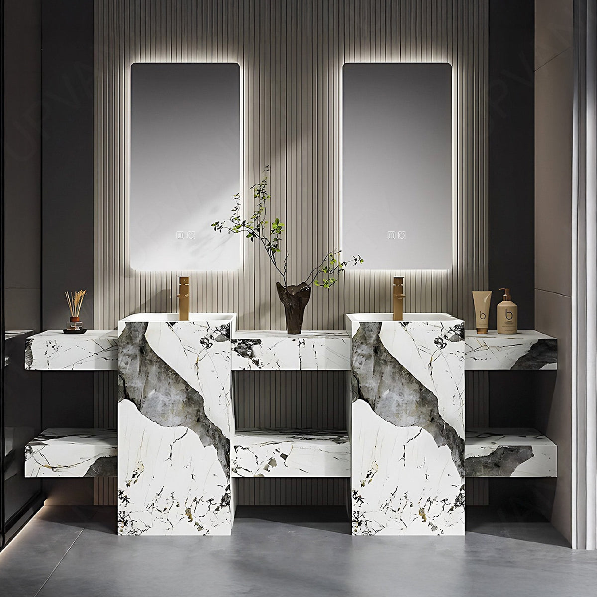 Modern Bath Vanity Set, White, Textured Column, Open Storage, 72"- 100", Double, Freestanding, Smart LED Mirror