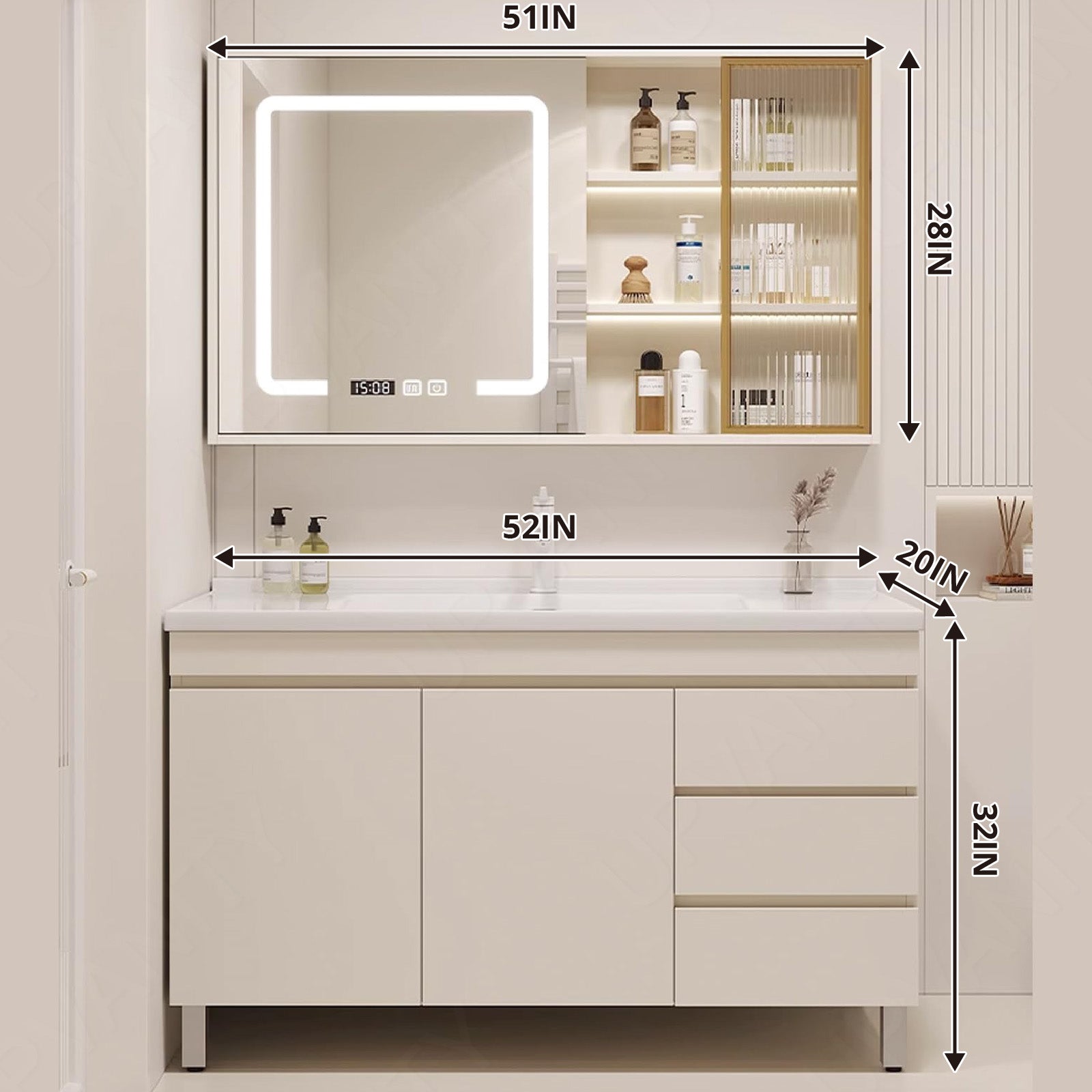 Modern Bath Vanity Set, White, White Slat Top, 36"- 52", Single, Freestanding, Smart LED Mirror, Rear/Side Cabinet
