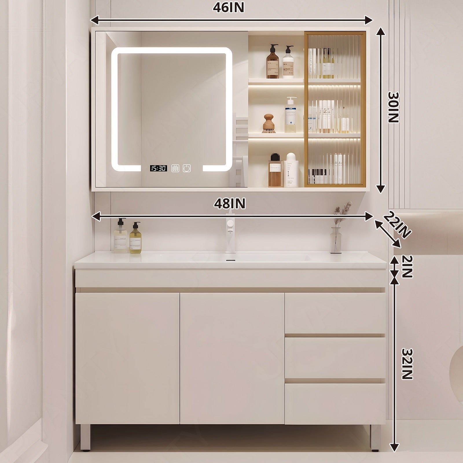 Modern Bath Vanity Set, White, White Slat Top, 40"- 52", Single, Freestanding, Smart LED Mirror, Rear/Side Cabinet