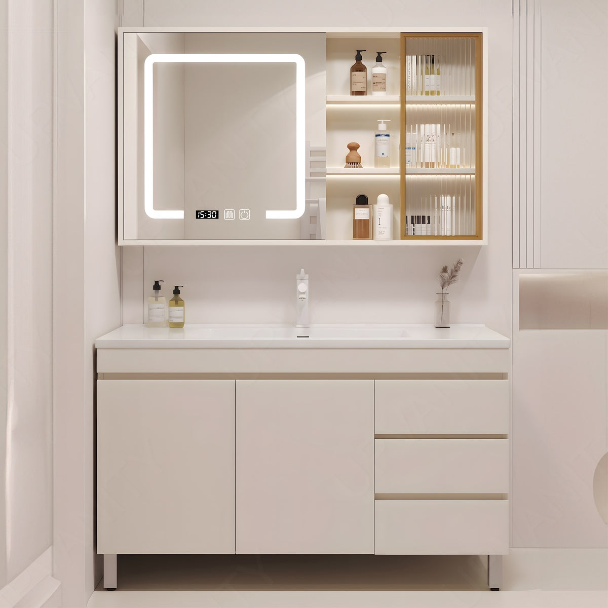 Modern Bath Vanity Set, White, White Slat Top, 40"- 52", Single, Freestanding, Smart LED Mirror, Rear/Side Cabinet