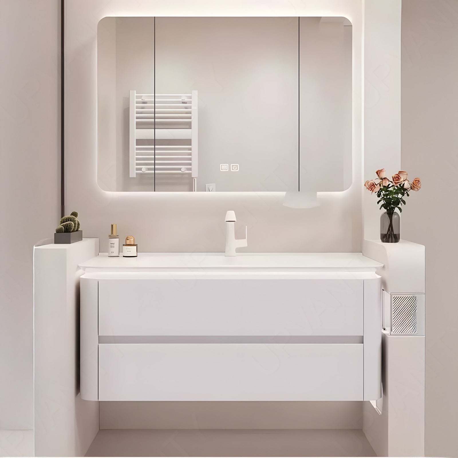 Modern Bath Vanity Set, White, White Slate Top, 24"-44", Single, Floating, Smart LED Mirror, Rear Cabinet, Sensor Light