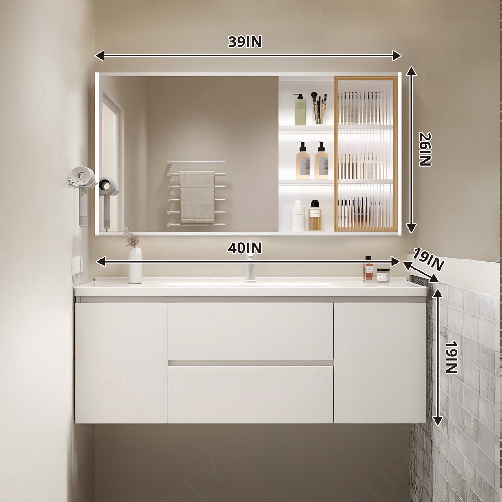 Modern Bath Vanity Set, White, White Slate Top, 28"-48", Single, Floating, Glass Door, Smart LED Mirror, Rear/Side Cabinet