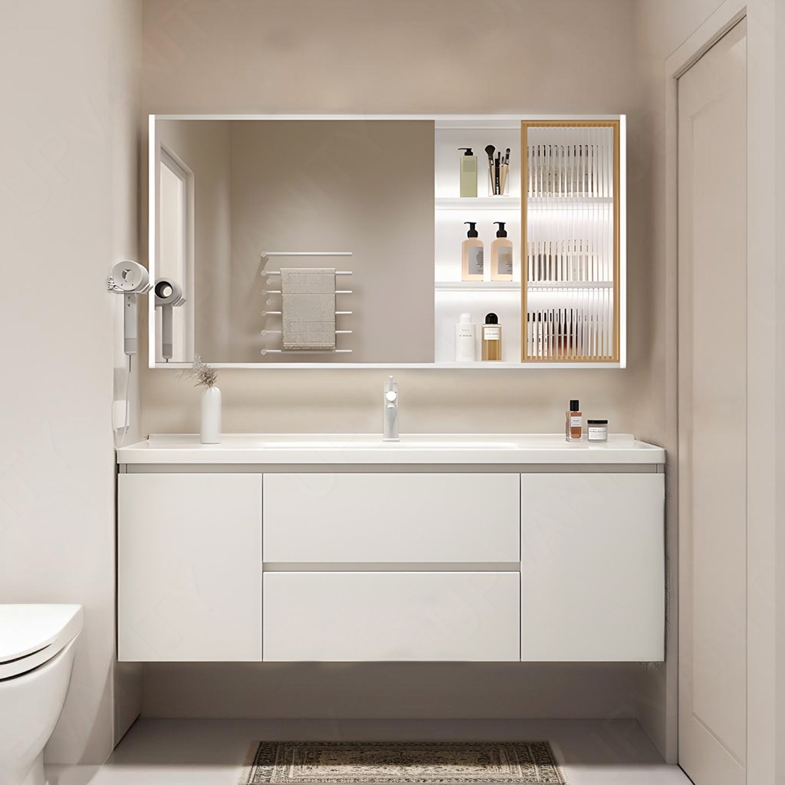 Modern Bath Vanity Set, White, White Slate Top, 28"-48", Single, Floating, Glass Door, Smart LED Mirror, Rear/Side Cabinet