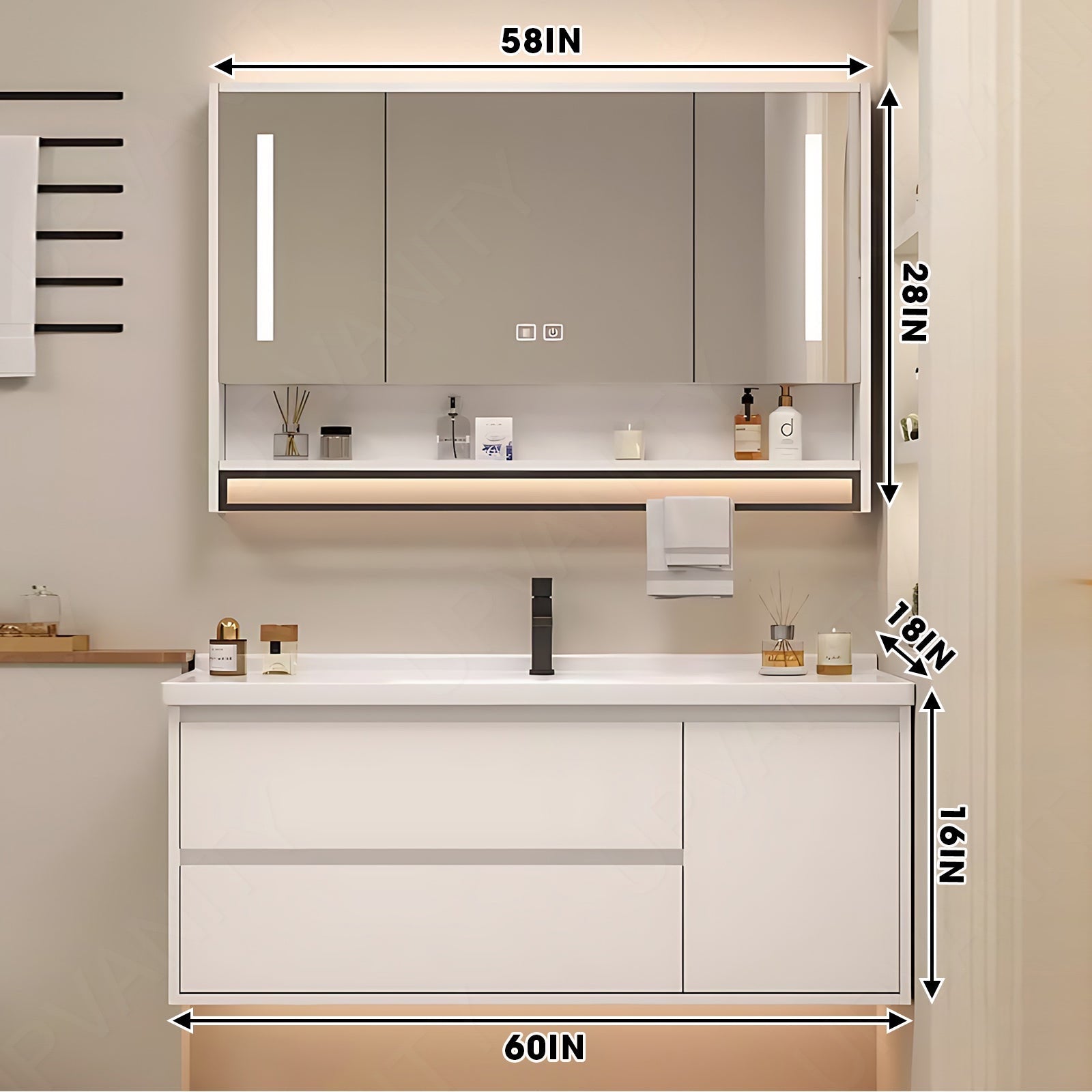 Modern Bath Vanity Set, White, White Slate Top, 32"- 60", Single, Floating, Smart LED Mirror, Rear Cabinet, Towel Rack