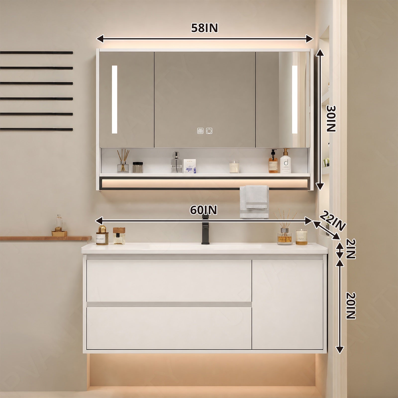 Modern Bath Vanity Set, White, White Slate Top, 32"- 60", Single, Floating, Smart LED Mirror, Rear Cabinet, Towel Rack