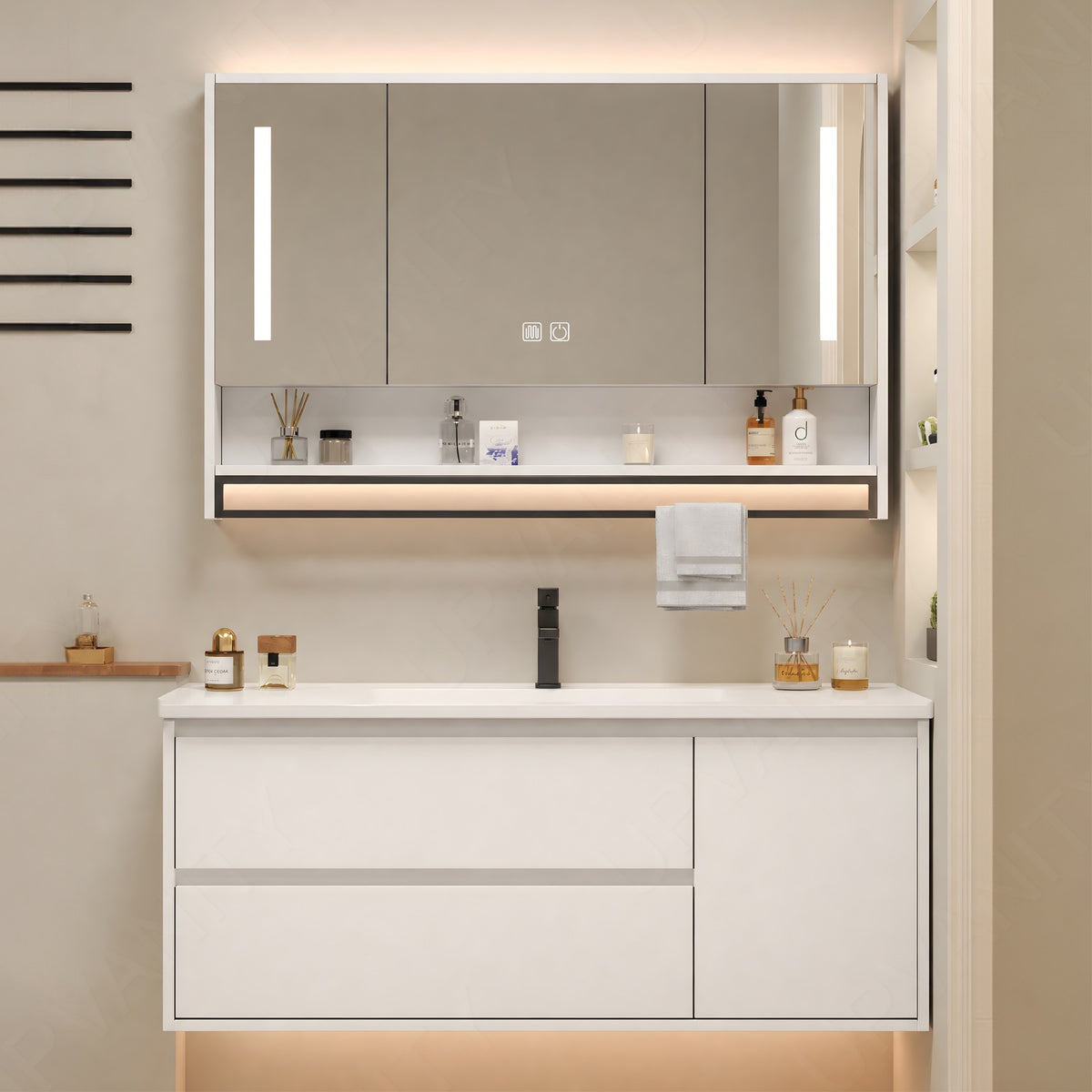 Modern Bath Vanity Set, White, White Slate Top, 32"- 60", Single, Floating, Smart LED Mirror, Rear Cabinet, Towel Rack
