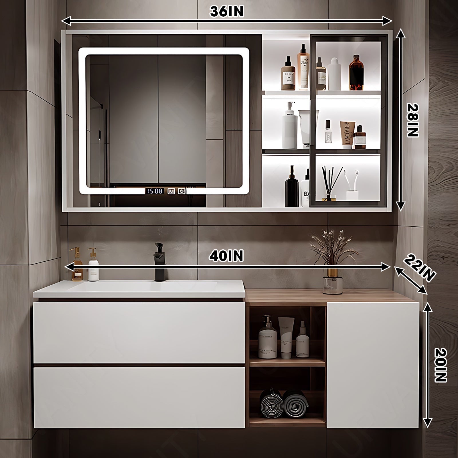 Modern Bath Vanity Set, White, White Slate Top, 36"- 48", Single, Floating, Glass Door, Smart LED Mirror, Rear/Side Cabinet