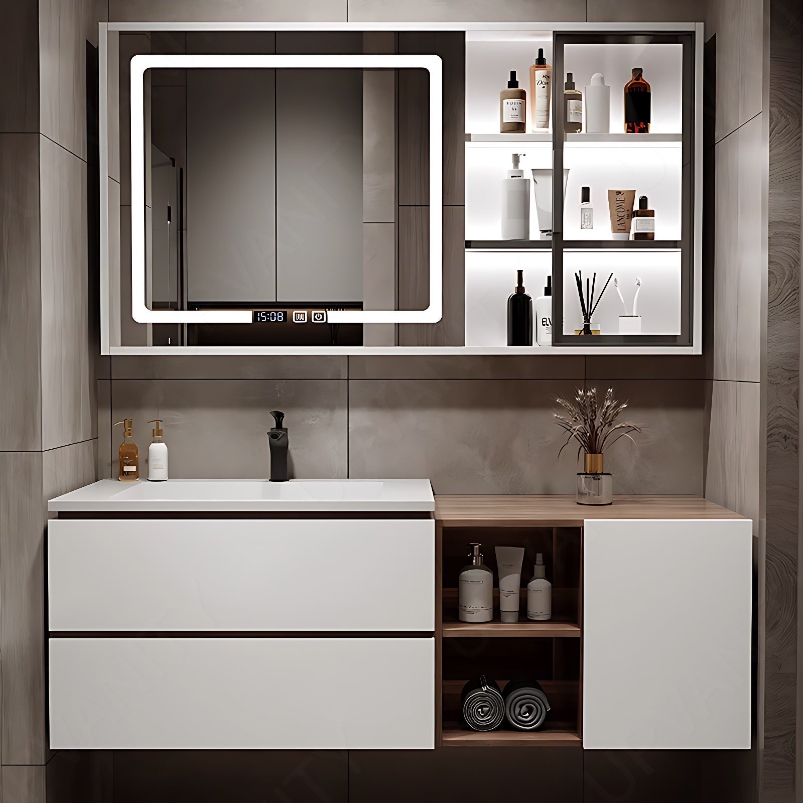 Modern Bath Vanity Set, White, White Slate Top, 36"- 48", Single, Floating, Glass Door, Smart LED Mirror, Rear/Side Cabinet
