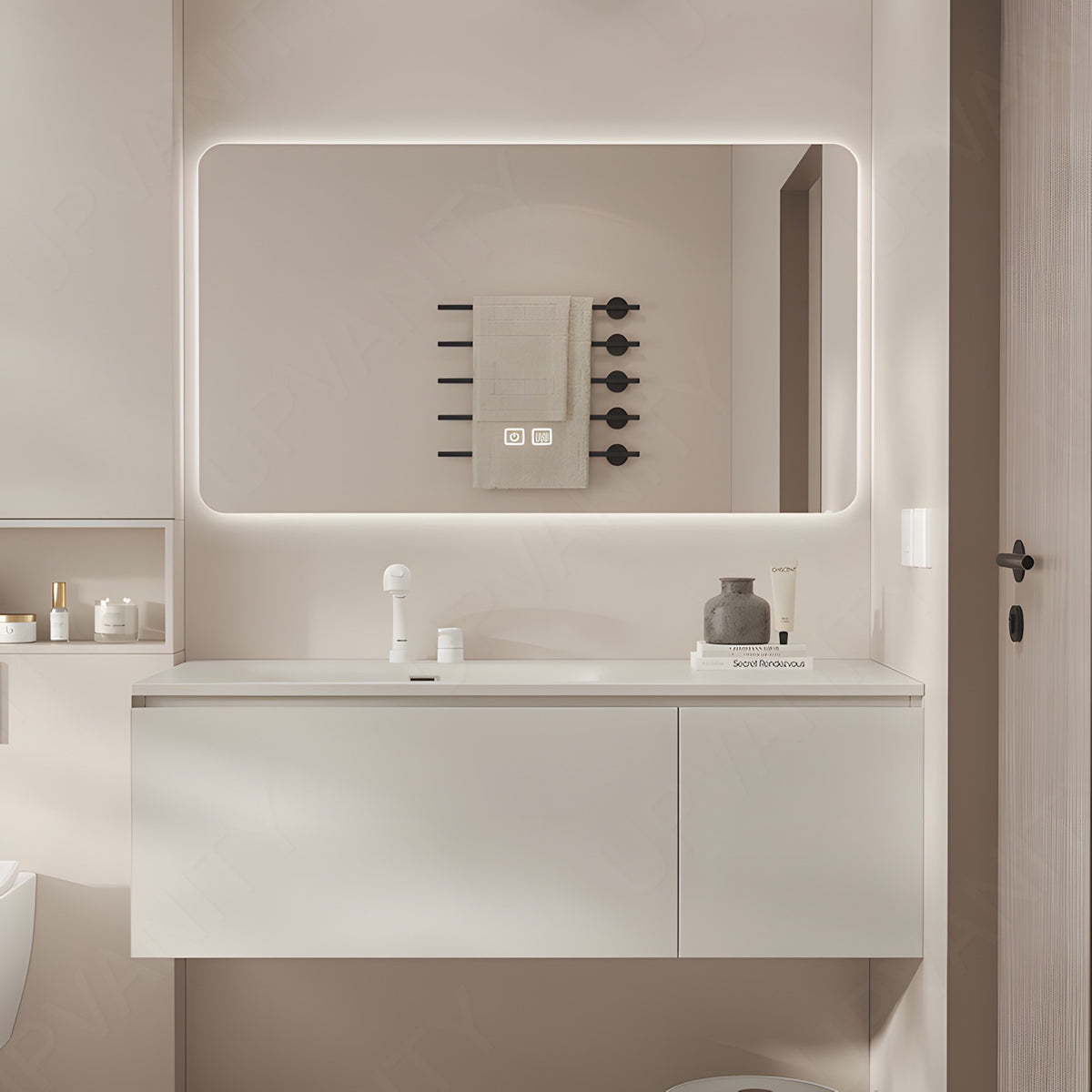 Modern Bath Vanity Set, White, White Slate Top, 40"-64", Single, Floating, Spacious Storage, Smart LED Mirror
