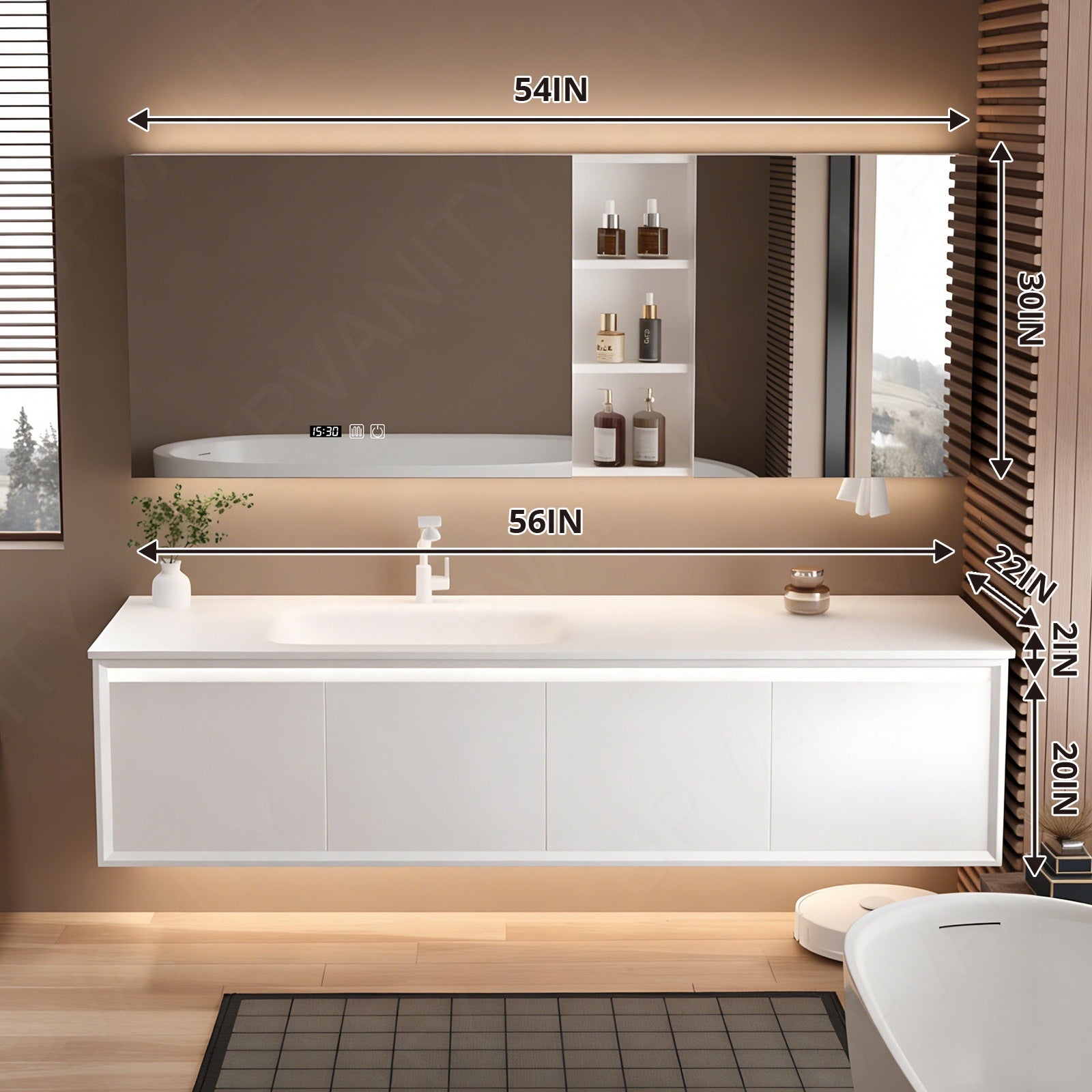 Modern Bath Vanity Set, White, White Slate Top, 52"-78", Single, Floating, Hidden Storage, Smart LED Mirror, Rear Cabinet, Sensor Light