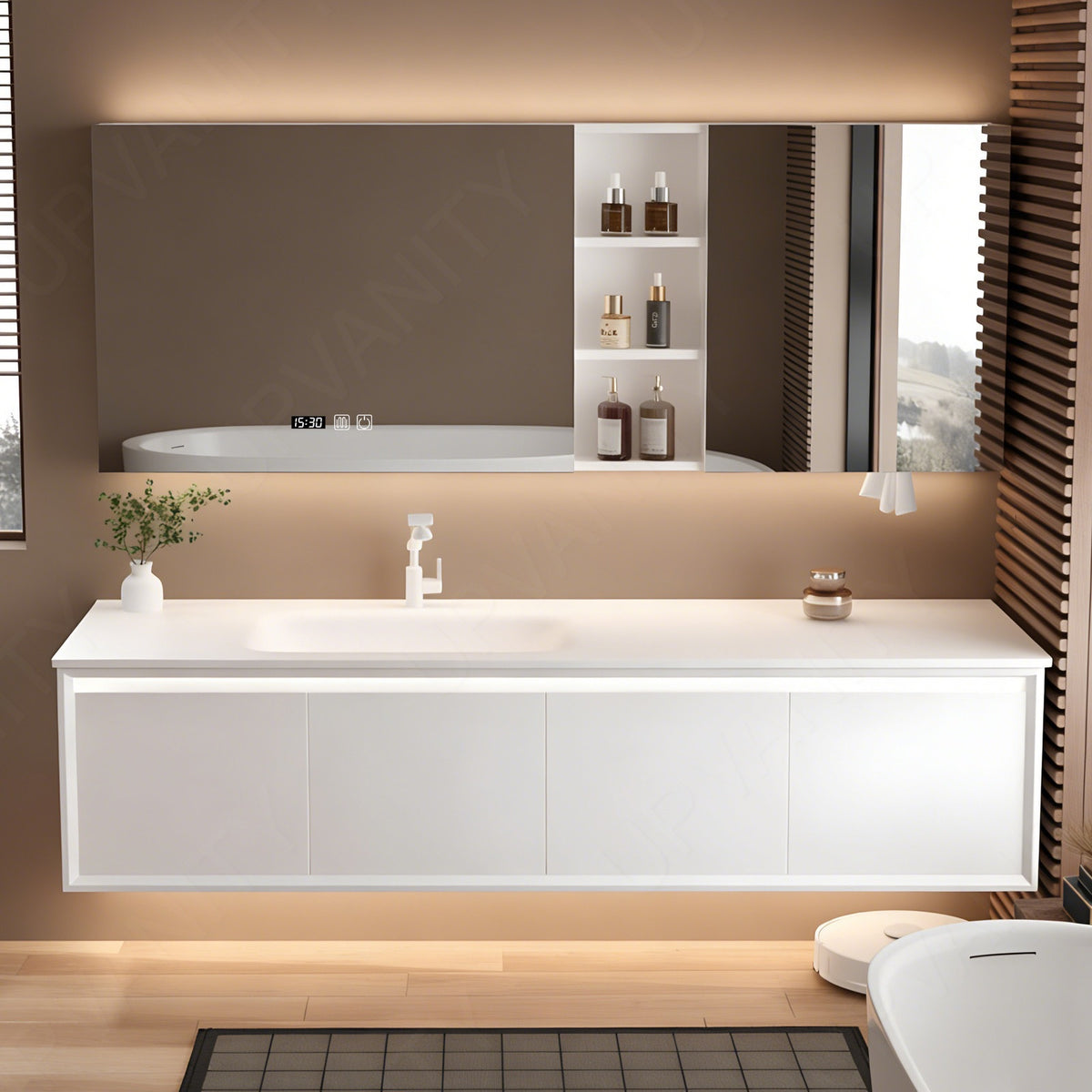 Modern Bath Vanity Set, White, White Slate Top, 52"-78", Single, Floating, Hidden Storage, Smart LED Mirror, Rear Cabinet, Sensor Light