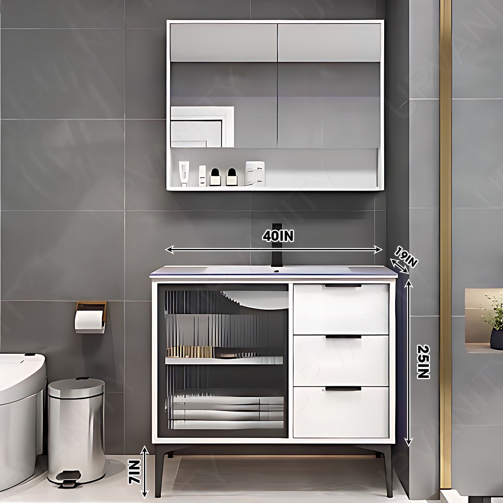 Modern Bath Vanity Set, White, White Slate Top, Black Accents, 36"- 48", Single, Freestanding, Glass Door, Smart LED Mirror, Rear Cabinet