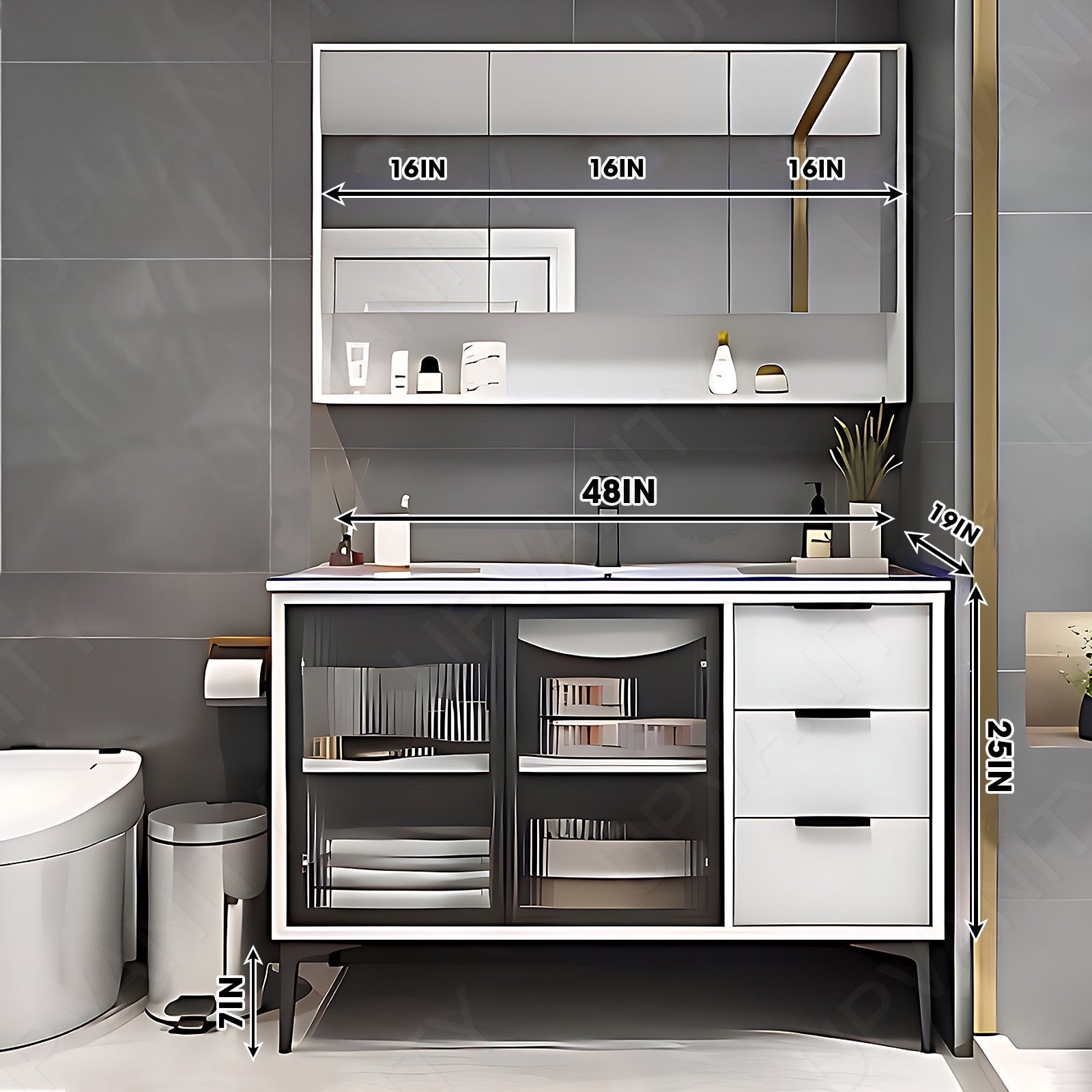 Modern Bath Vanity Set, White, White Slate Top, Black Accents, 36"- 48", Single, Freestanding, Glass Door, Smart LED Mirror, Rear Cabinet