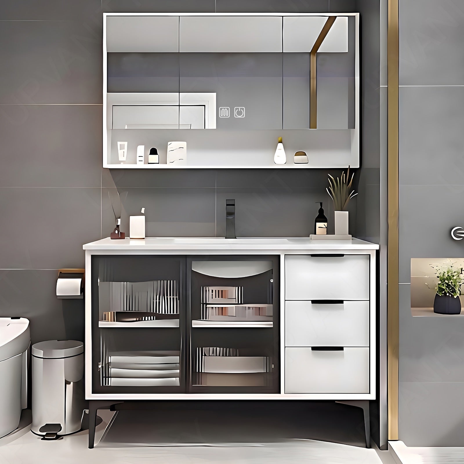 Modern Bath Vanity Set, White, White Slate Top, Black Accents, 36"- 48", Single, Freestanding, Glass Door, Smart LED Mirror, Rear Cabinet
