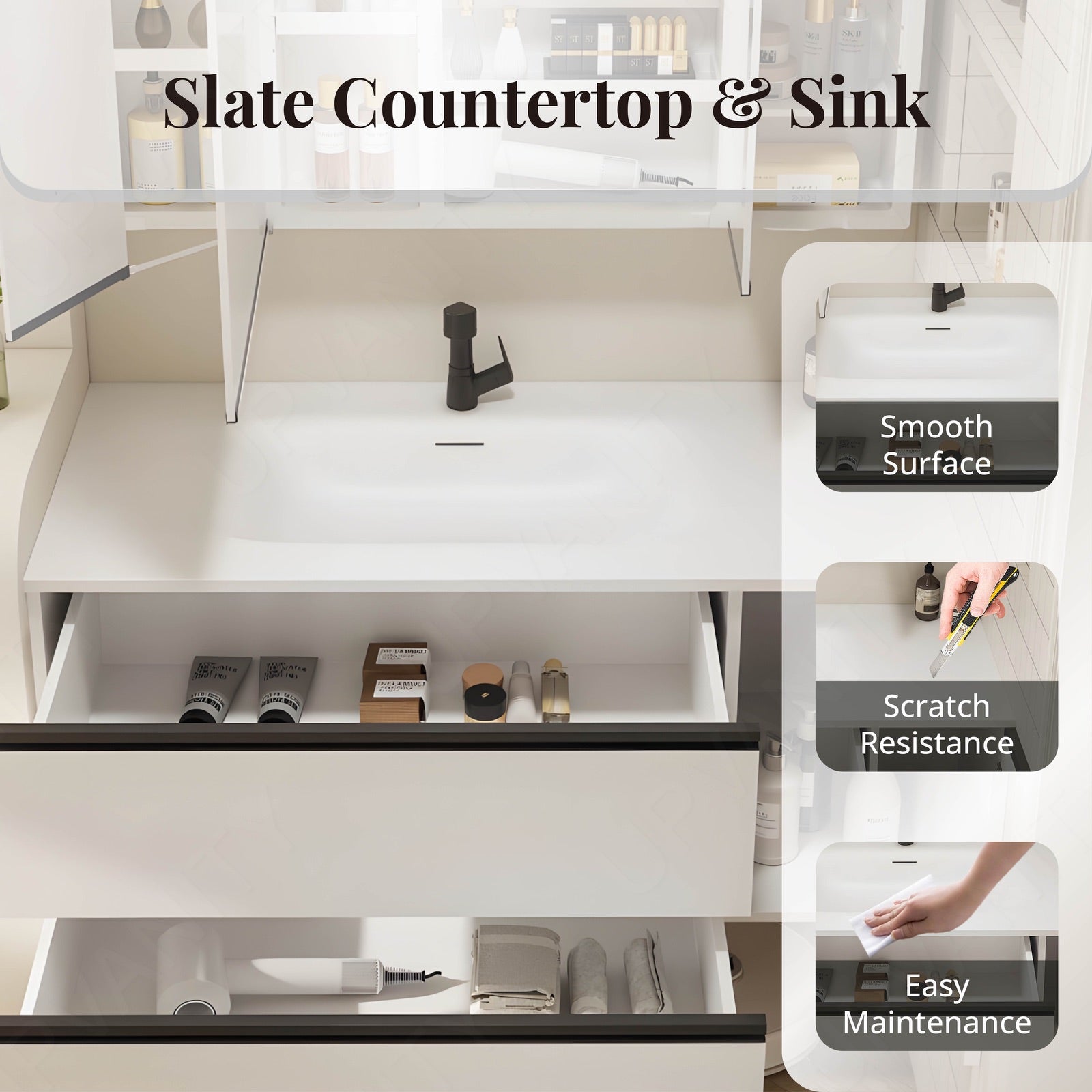Split Vanity Elegant Bath Vanity Set, Natural, Split White Top, 52