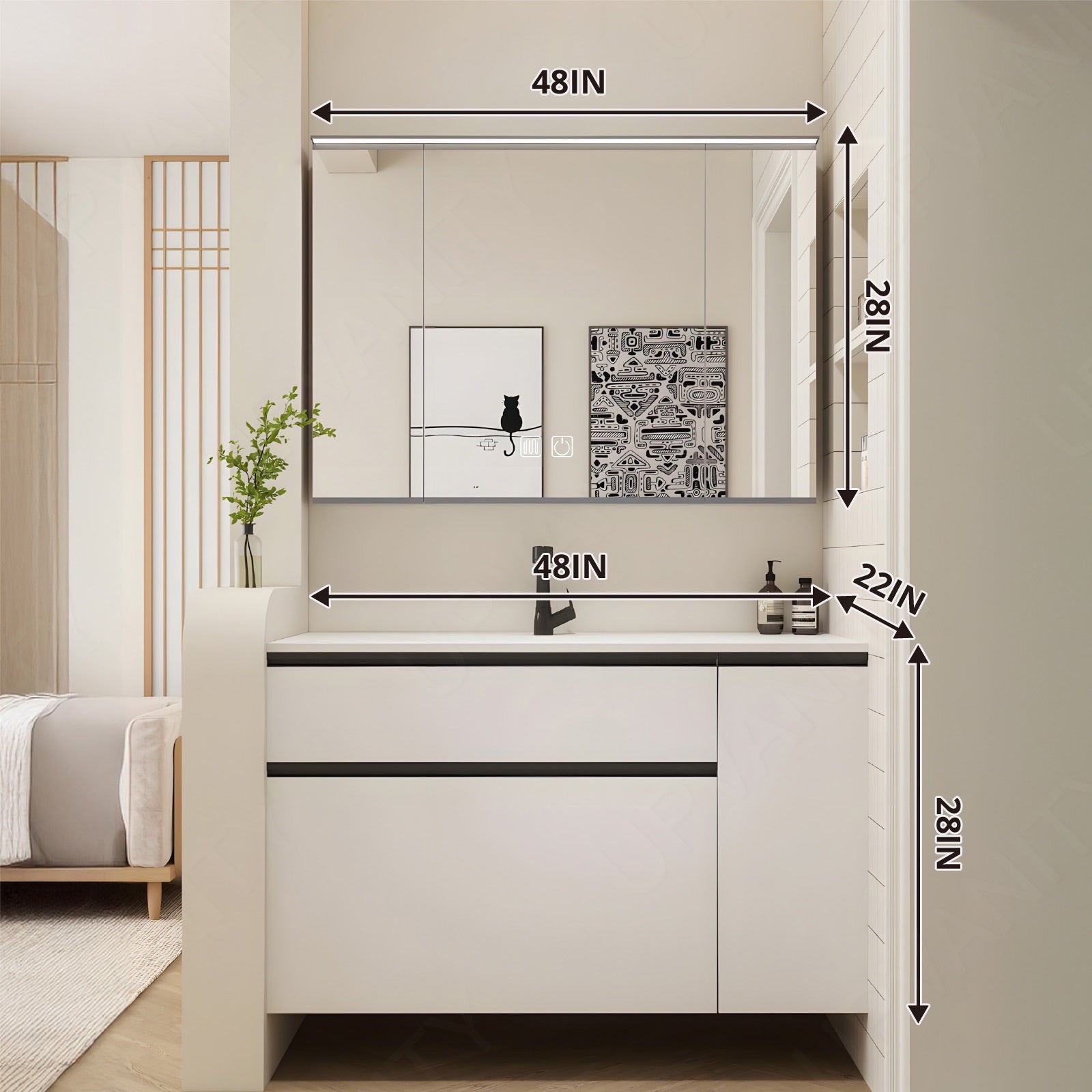 Modern Bath Vanity Set, White, White Slate Top, Black Accents, 40"-64", Single, Floating, Smart LED Mirror, Rear Cabinet