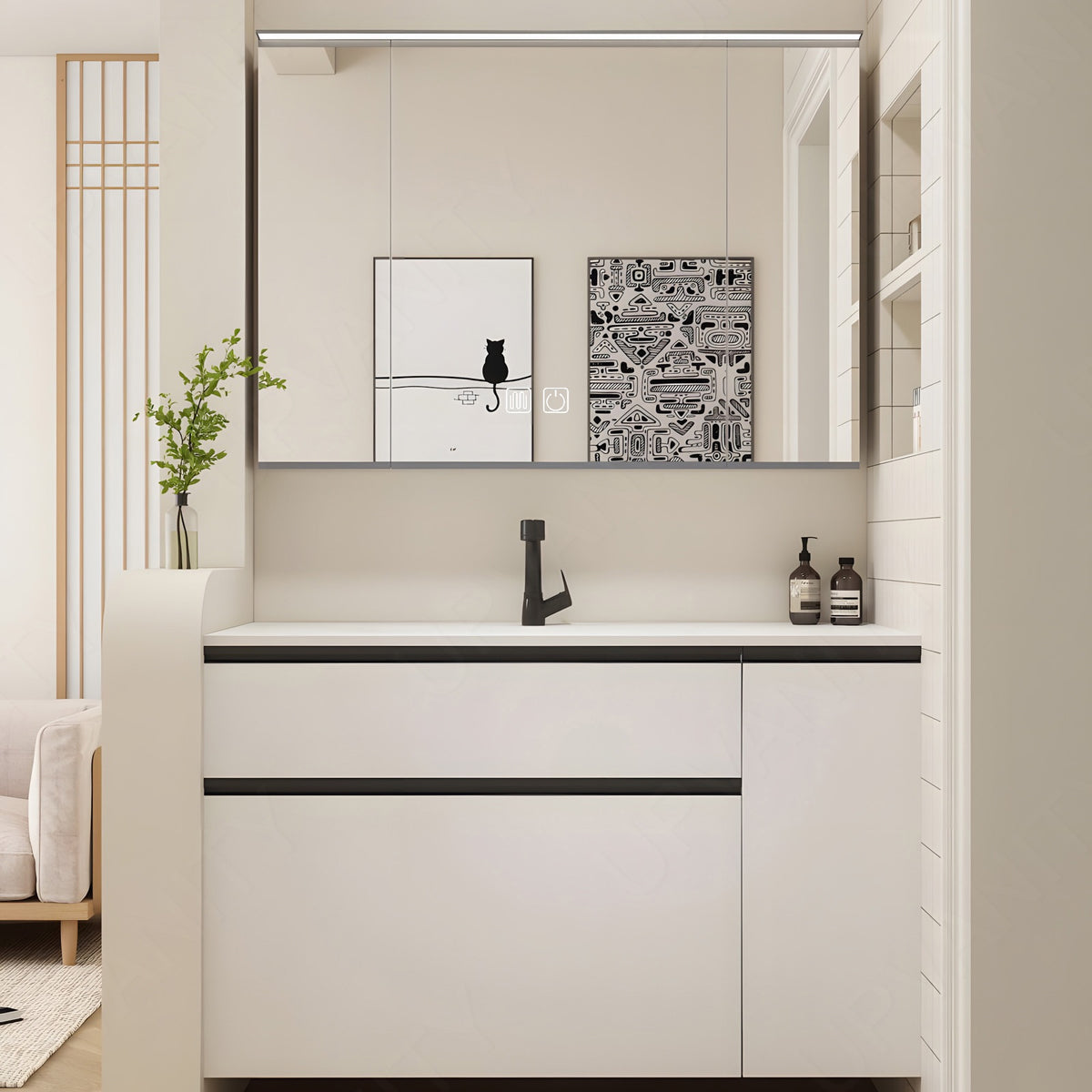 Modern Bath Vanity Set, White, White Slate Top, Black Accents, 40"-64", Single, Floating, Smart LED Mirror, Rear Cabinet