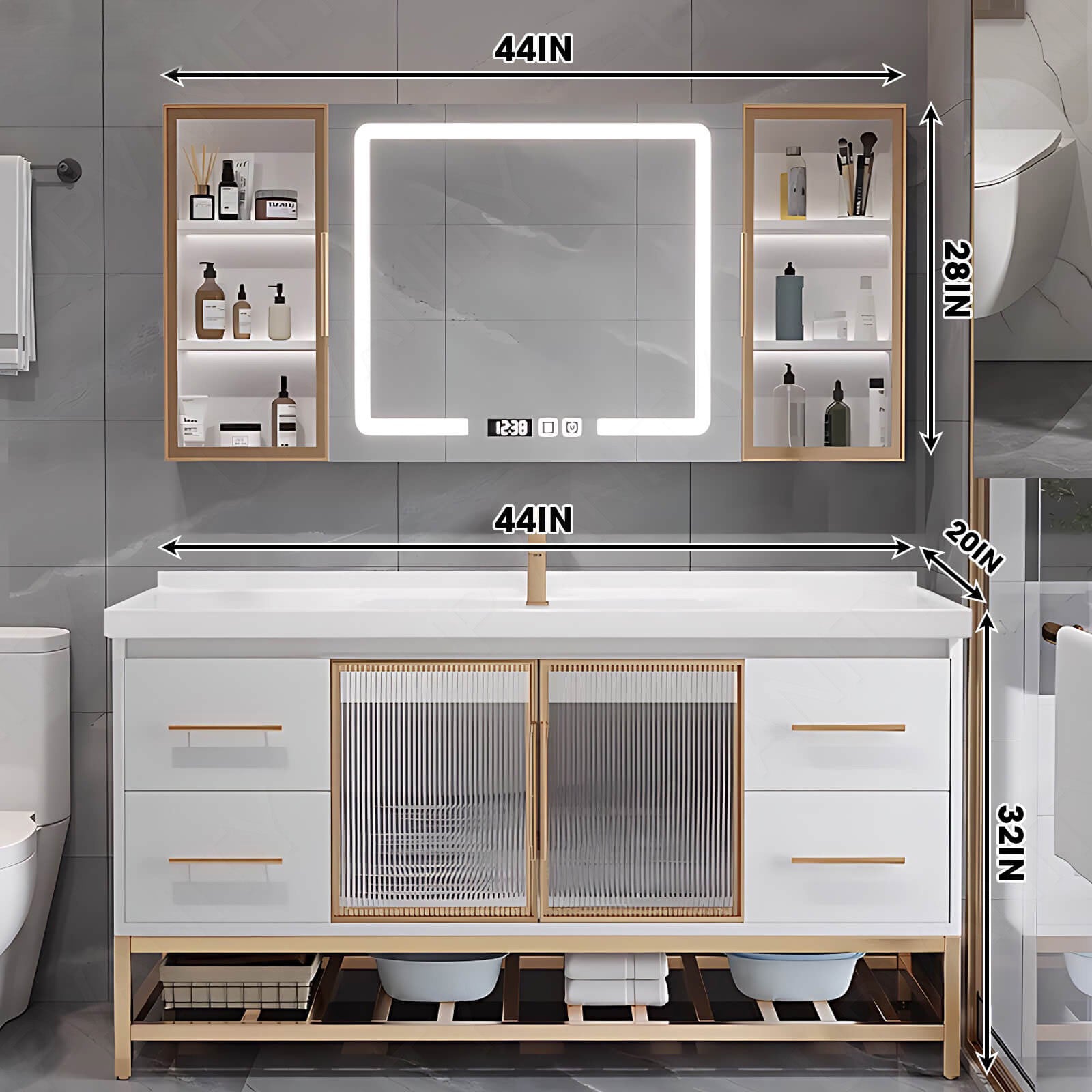 Modern Bath Vanity Set, White, White Slate Top, Gold Accents, 28"-48", Single, Freestanding, Glass Door, Smart LED Mirror, Rear/Side Cabinet