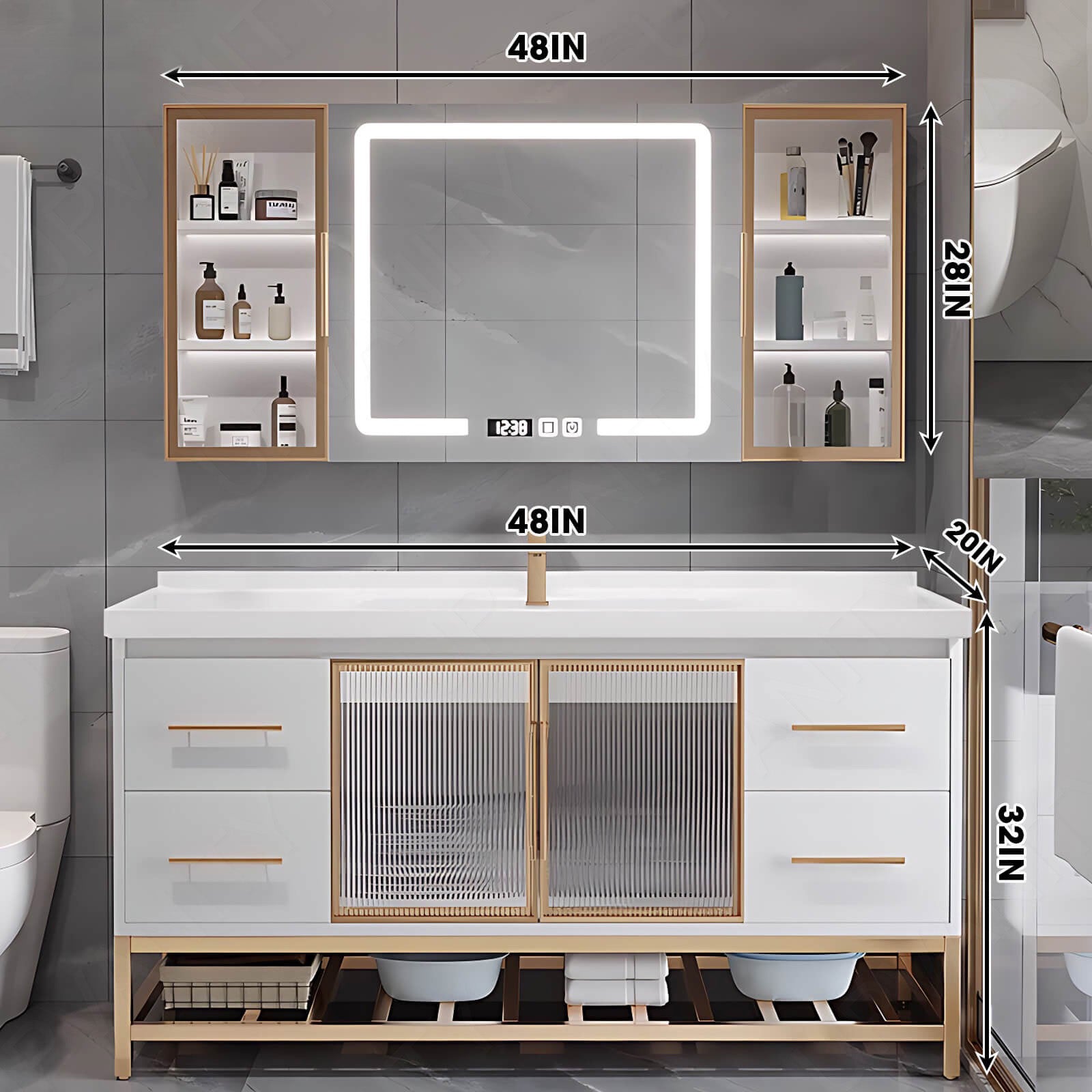 Modern Bath Vanity Set, White, White Slate Top, Gold Accents, 28"-48", Single, Freestanding, Glass Door, Smart LED Mirror, Rear/Side Cabinet