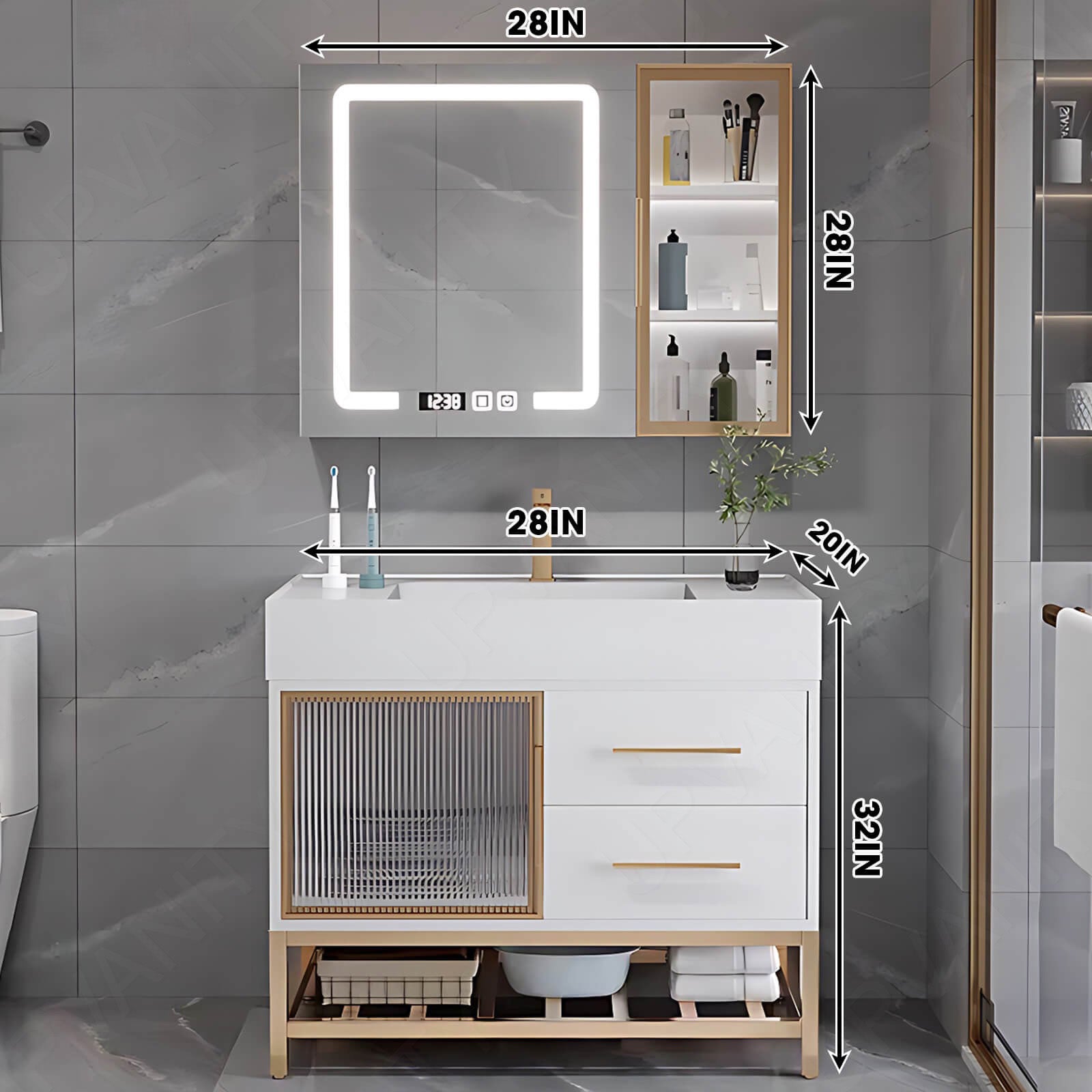 Modern Bath Vanity Set, White, White Slate Top, Gold Accents, 28"-48", Single, Freestanding, Glass Door, Smart LED Mirror, Rear/Side Cabinet