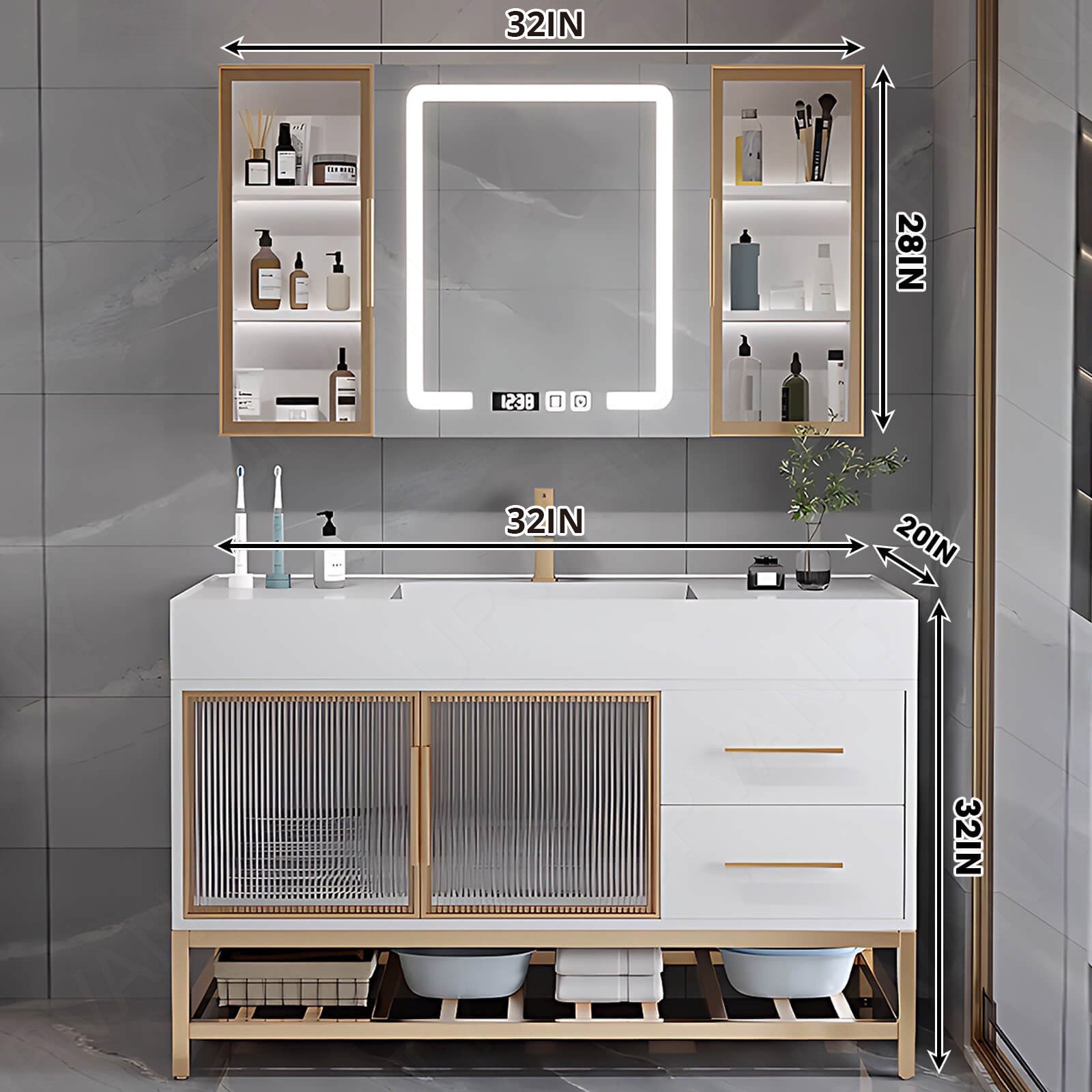 Modern Bath Vanity Set, White, White Slate Top, Gold Accents, 28"-48", Single, Freestanding, Glass Door, Smart LED Mirror, Rear/Side Cabinet