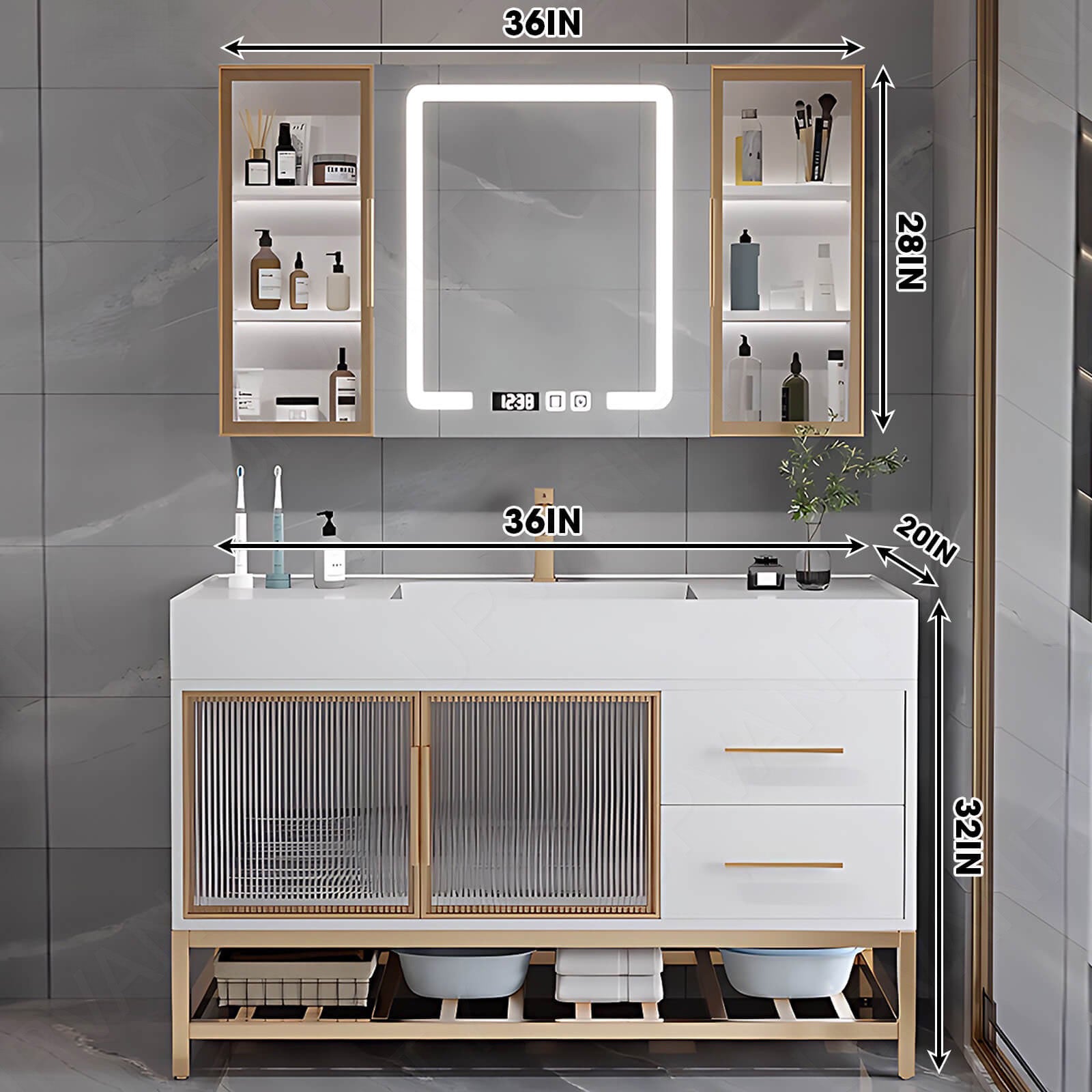 Modern Bath Vanity Set, White, White Slate Top, Gold Accents, 28"-48", Single, Freestanding, Glass Door, Smart LED Mirror, Rear/Side Cabinet