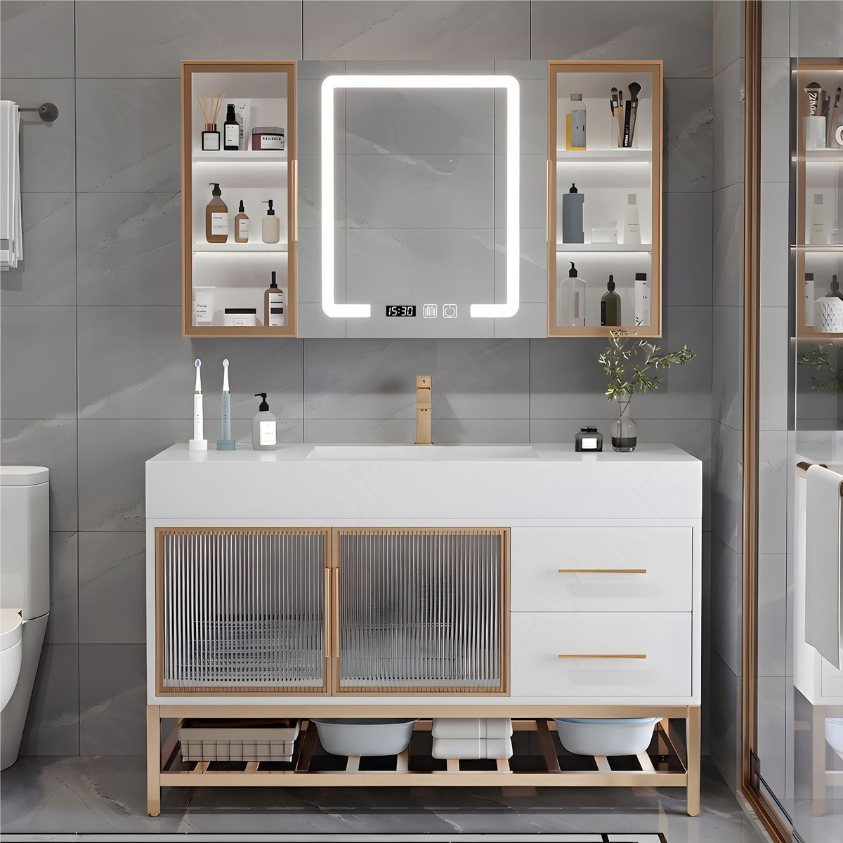 Modern Bath Vanity Set, White, White Slate Top, Gold Accents, 28"-48", Single, Freestanding, Glass Door, Smart LED Mirror, Rear/Side Cabinet