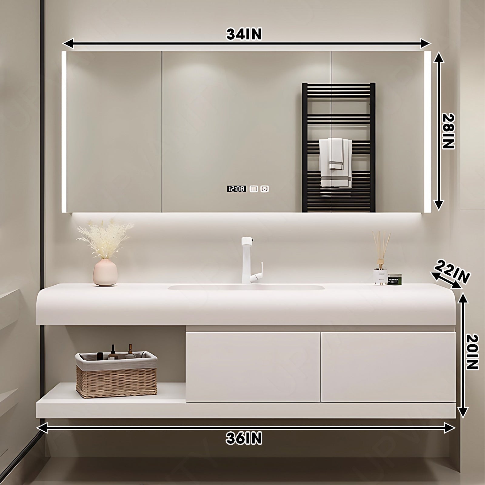 Modern Bath Vanity Set, White, White Slate Top, Open Storage, 36"- 60", Single, Floating, Rounded Edge, Smart LED Mirror, Rear Cabinet